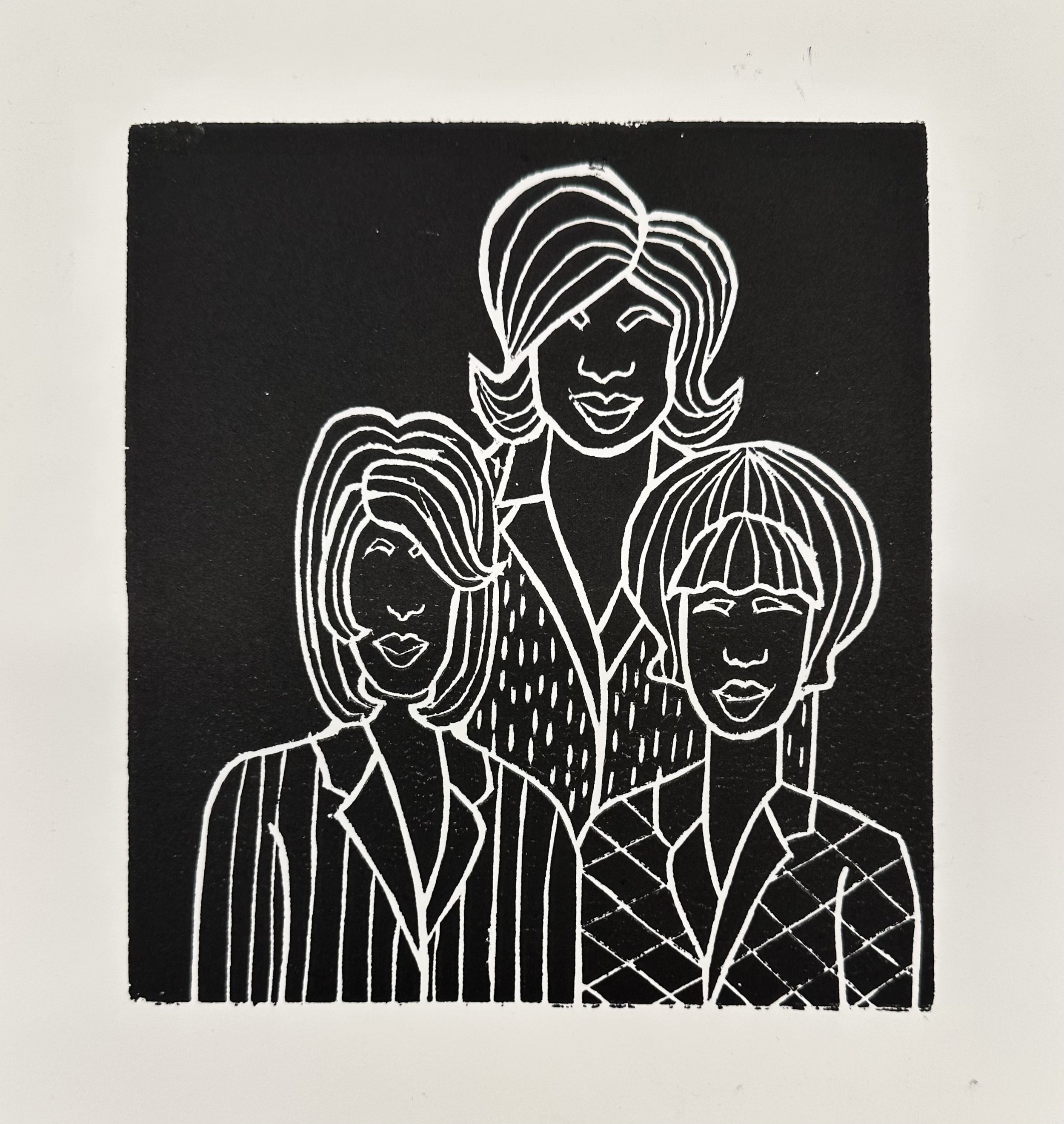 Three Ladies, woodcut on paper, 2023, by Lauryn Grubbs