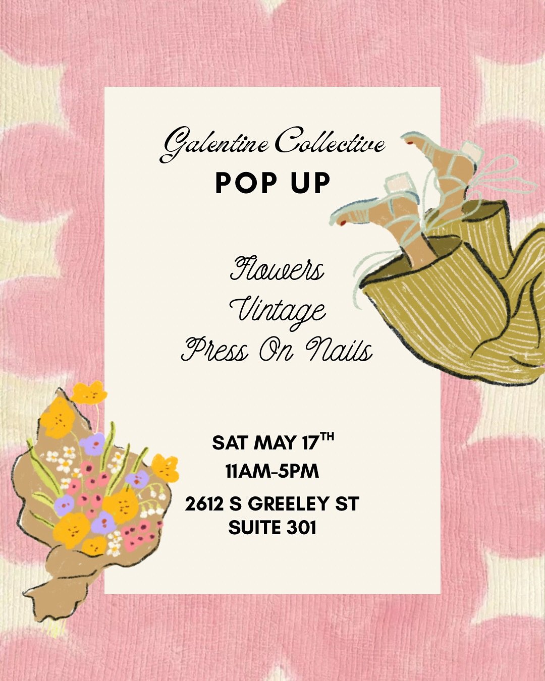 mark your calendars for a cutie pop up event in collaboration with @galentinecollective + @clemi.vintage + @shoppalomanails 

curate your dream press on nail set, shop vintage finds and build your own bouquet with fresh colorful blooms from our bouqu