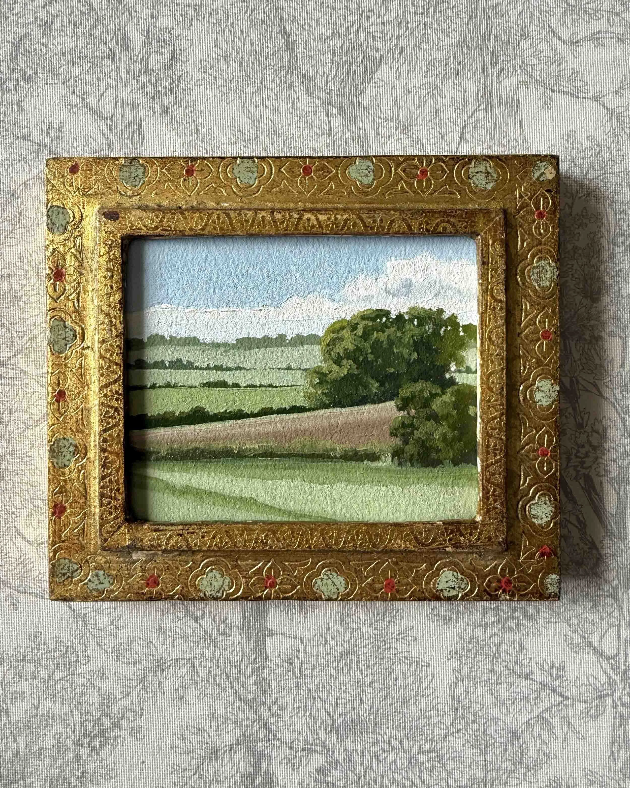 "Farmland Green iv" original oil landscape painting in vintage Florentine frame