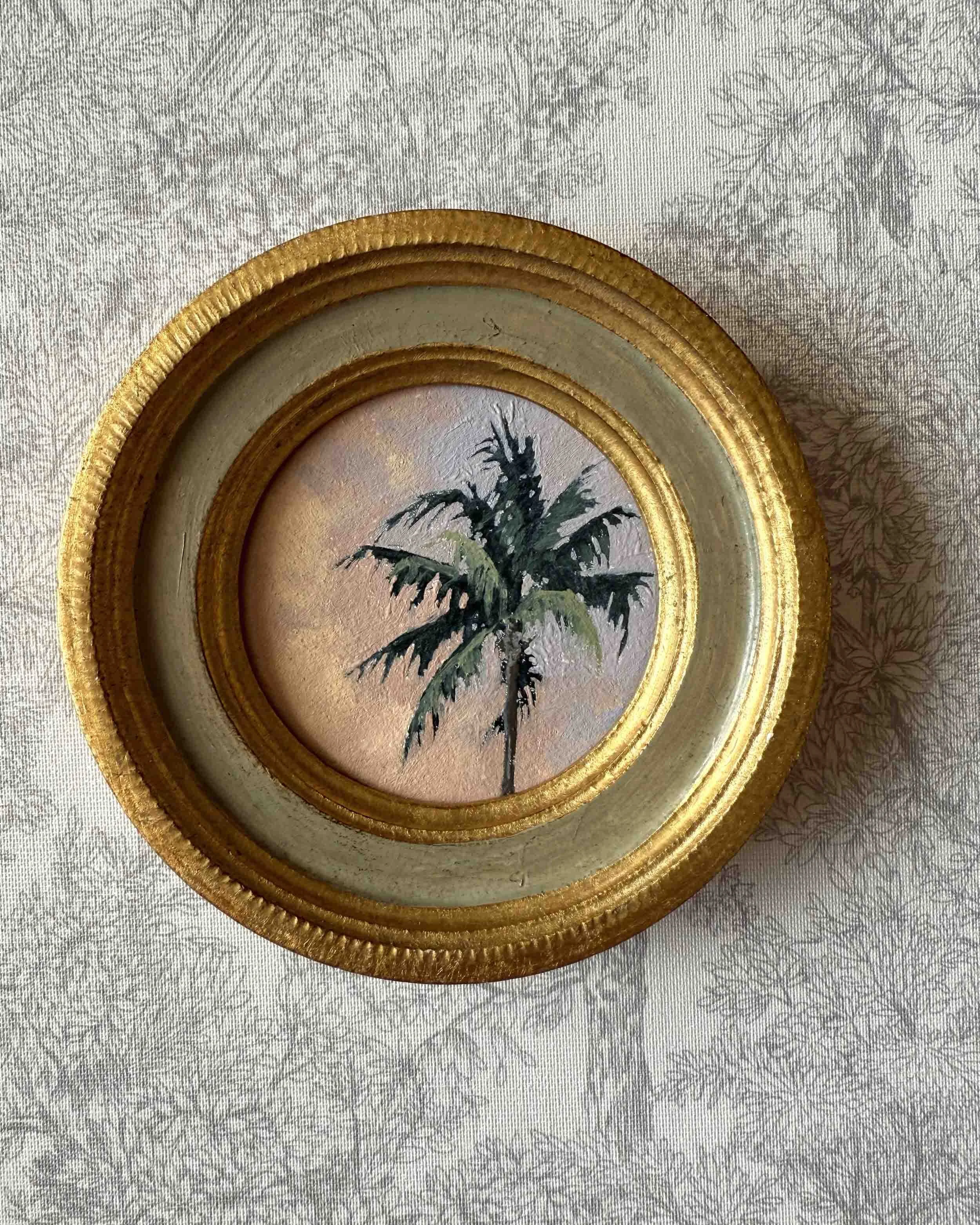 "Sunset Palm" original oil landscape painting in vintage Florentine frame