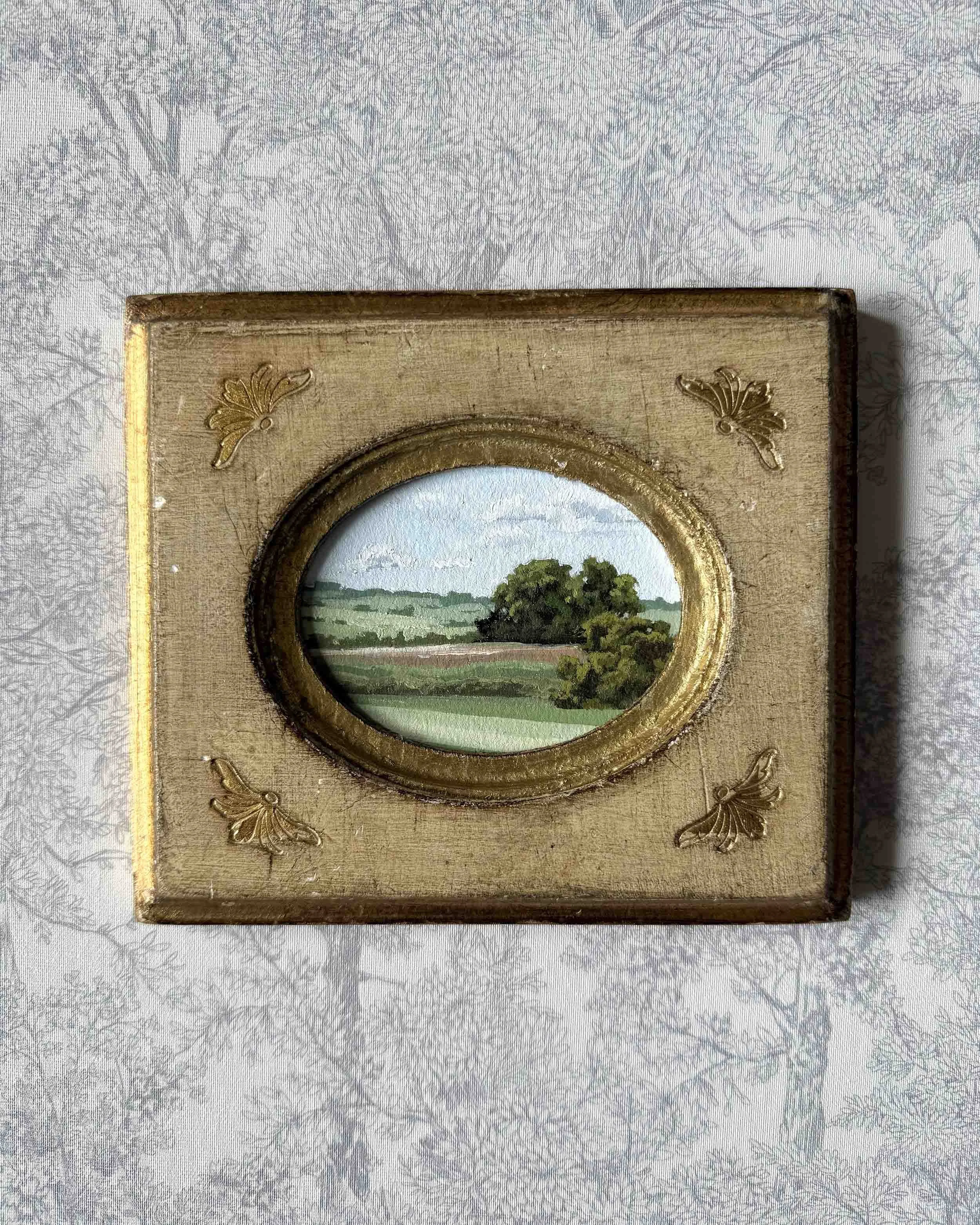"Farmland Green ii" original oil landscape painting in vintage Florentine frame