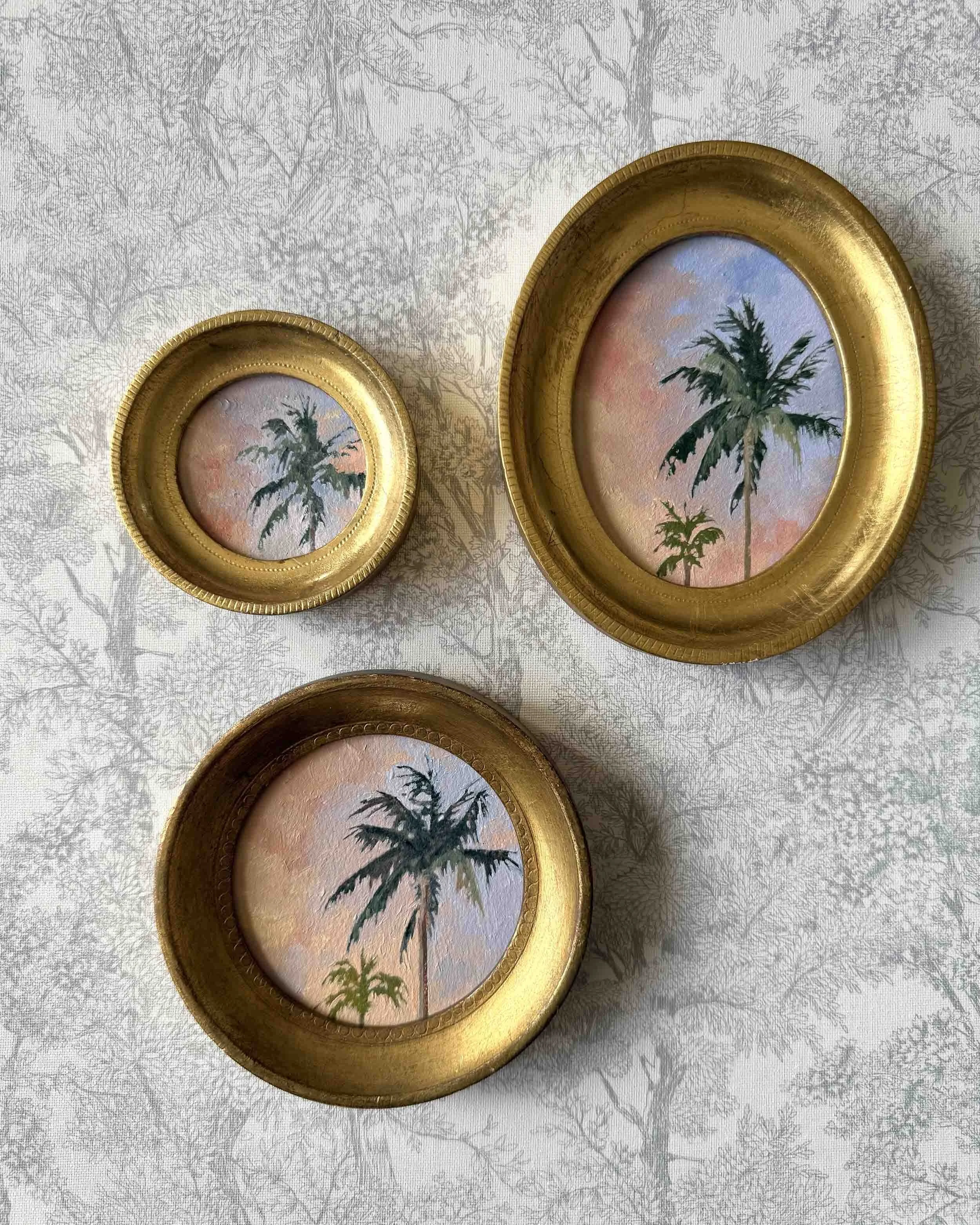 "Sunset Palm Duo ii" original oil landscape painting in vintage Florentine frame