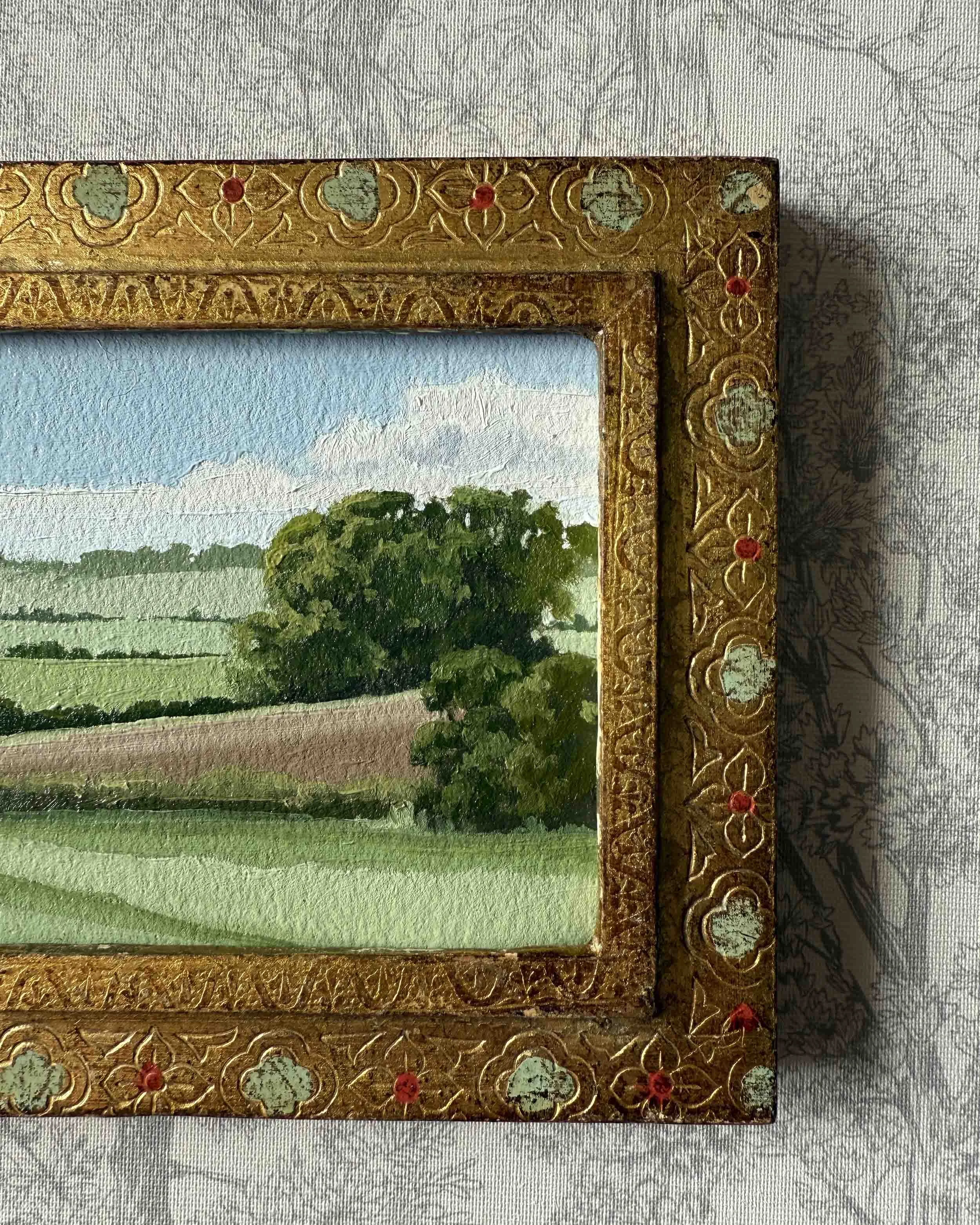 "Farmland Green iv" original oil landscape painting in vintage Florentine frame