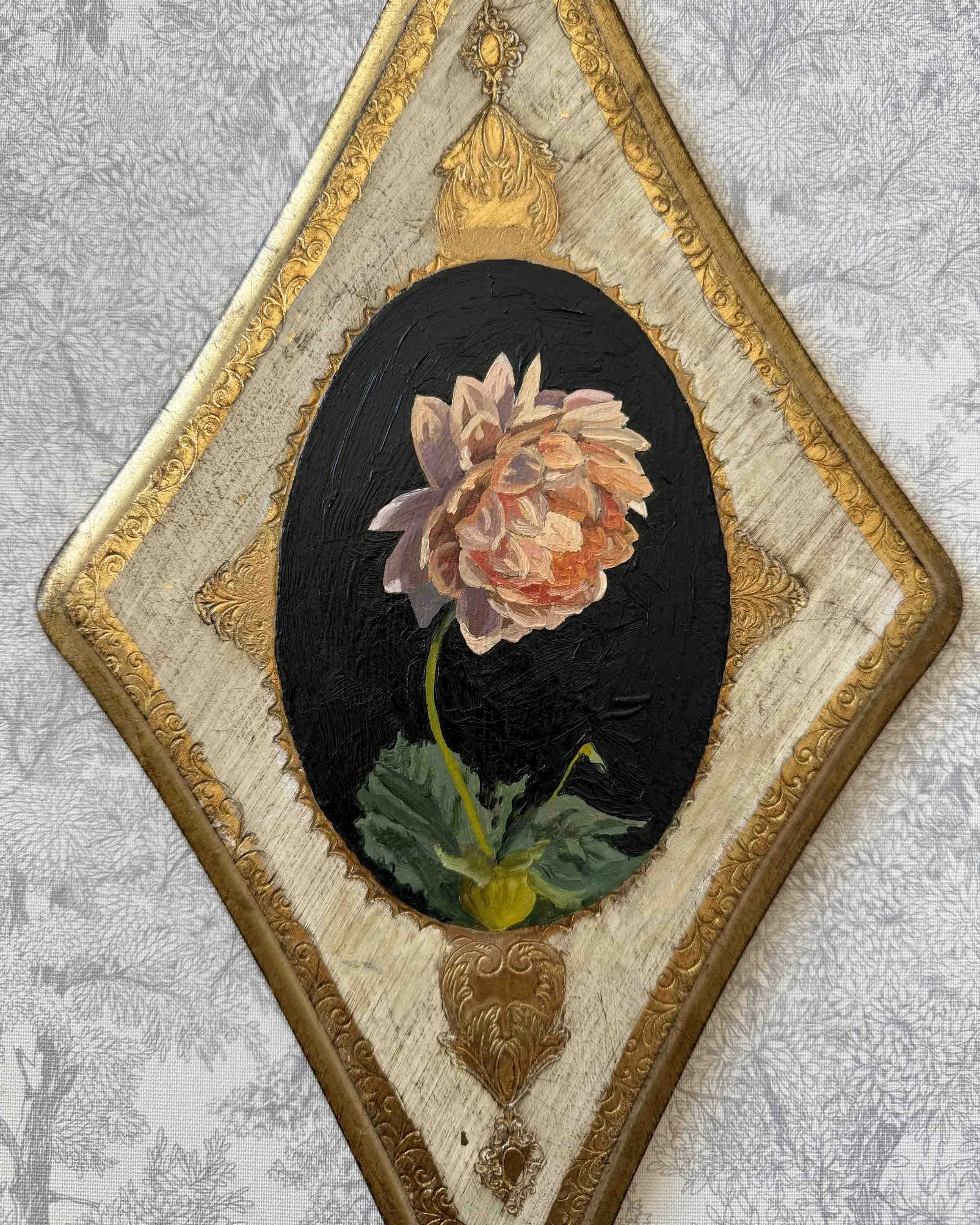 "Dahlia in Peach on Diamond iii" original oil floral painting on vintage plaque, $540