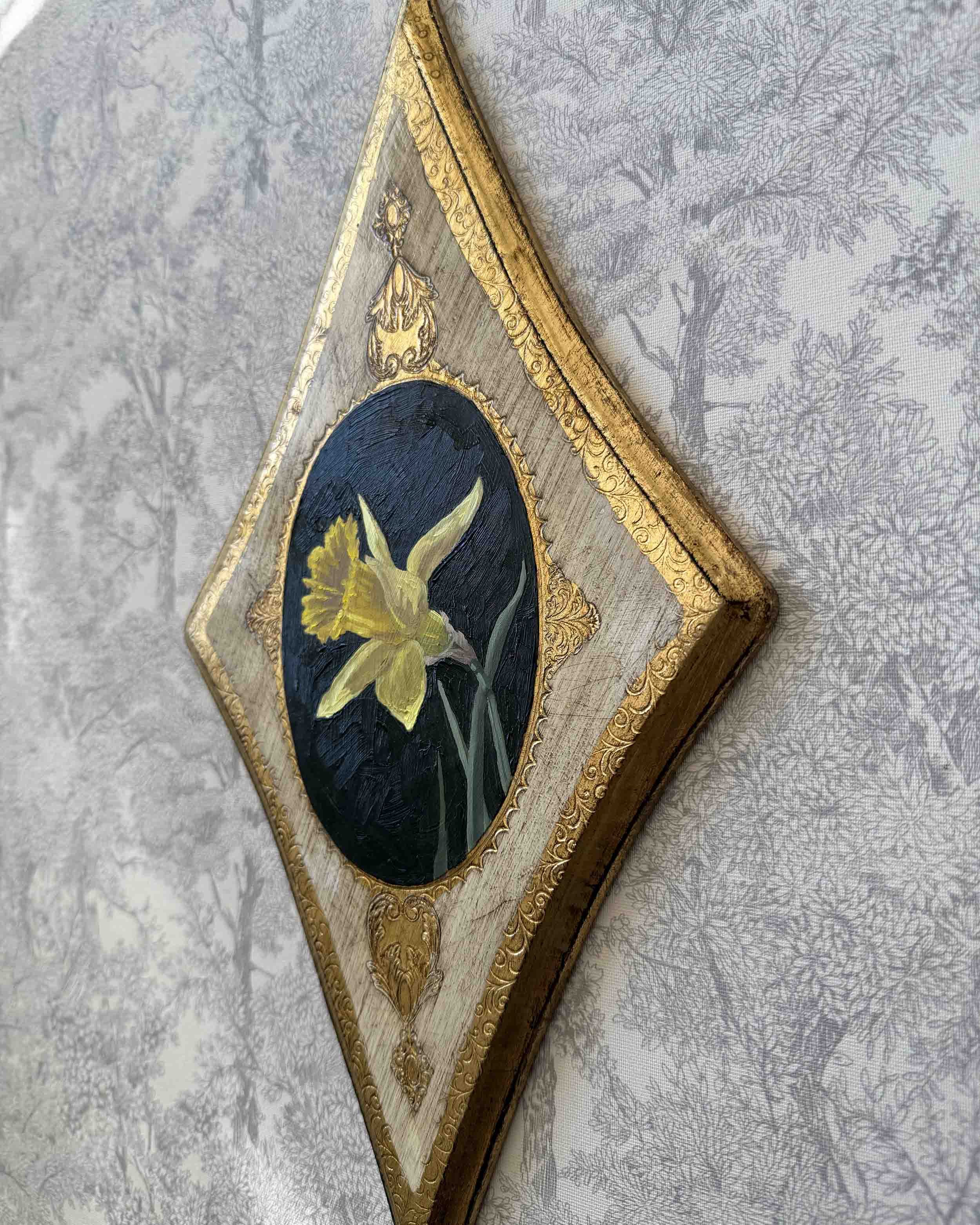 "Daffodil on Diamond ii" original oil floral painting on vintage plaque, $540