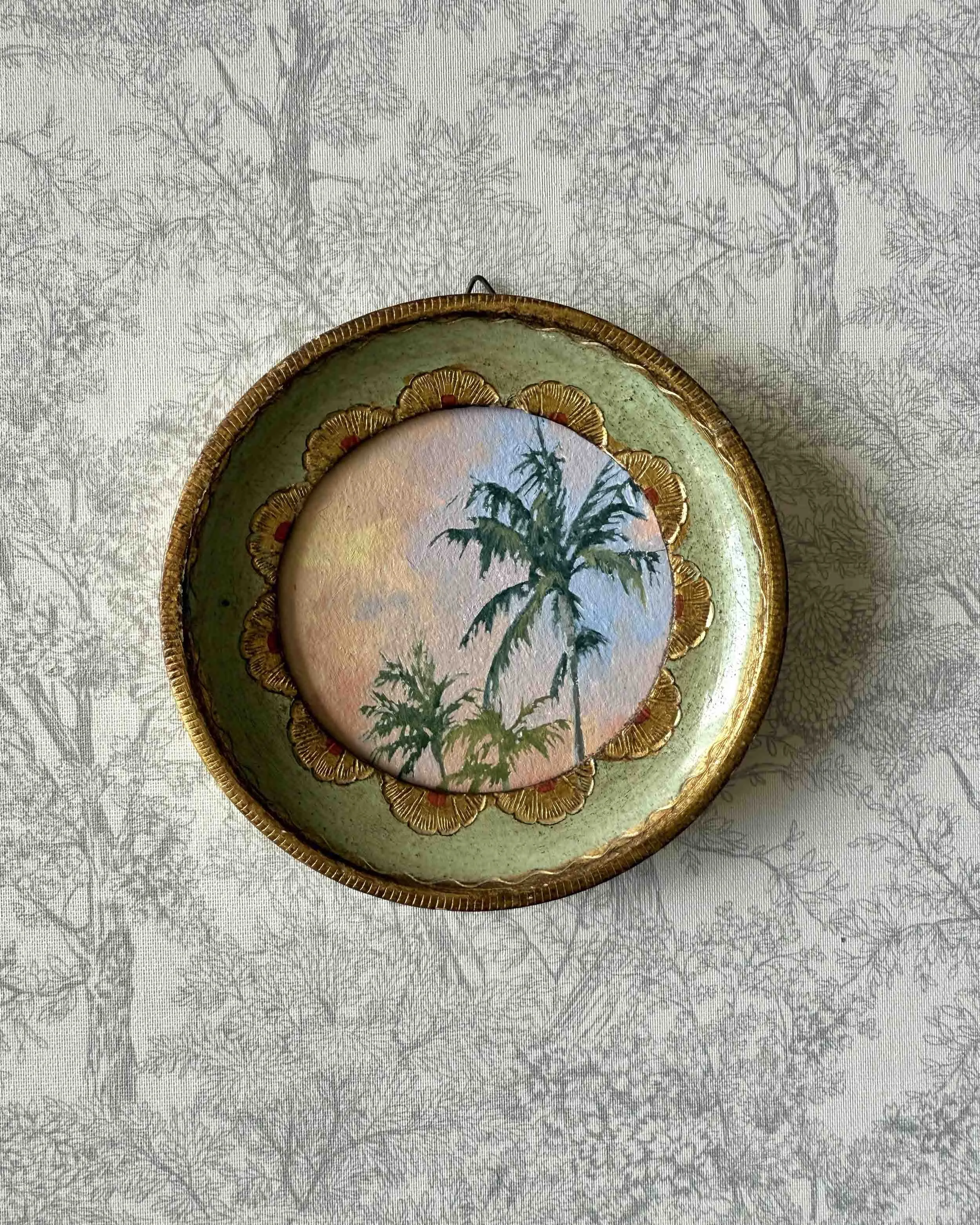 "Sunset Palm Trio" original oil landscape painting in vintage Florentine frame