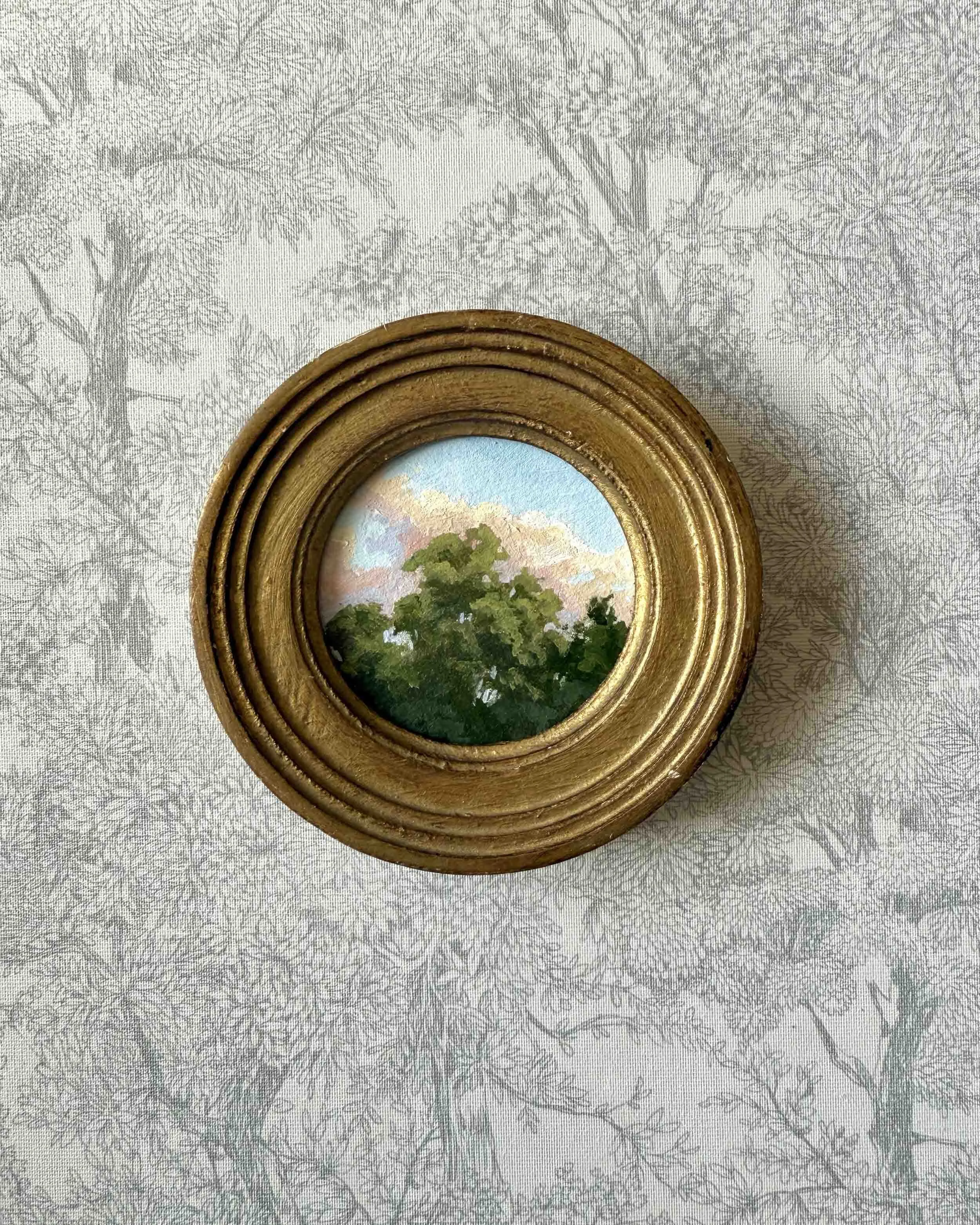 "Sunset Treetops ii" original oil landscape painting in vintage Florentine frame