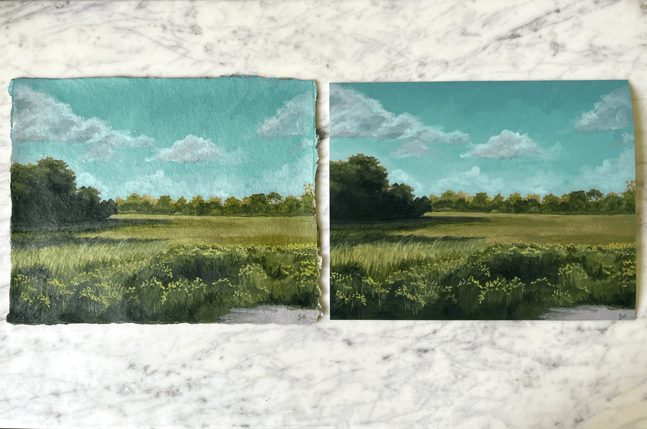Detail of fine art giclee print of "Summer Field" compared to original painting