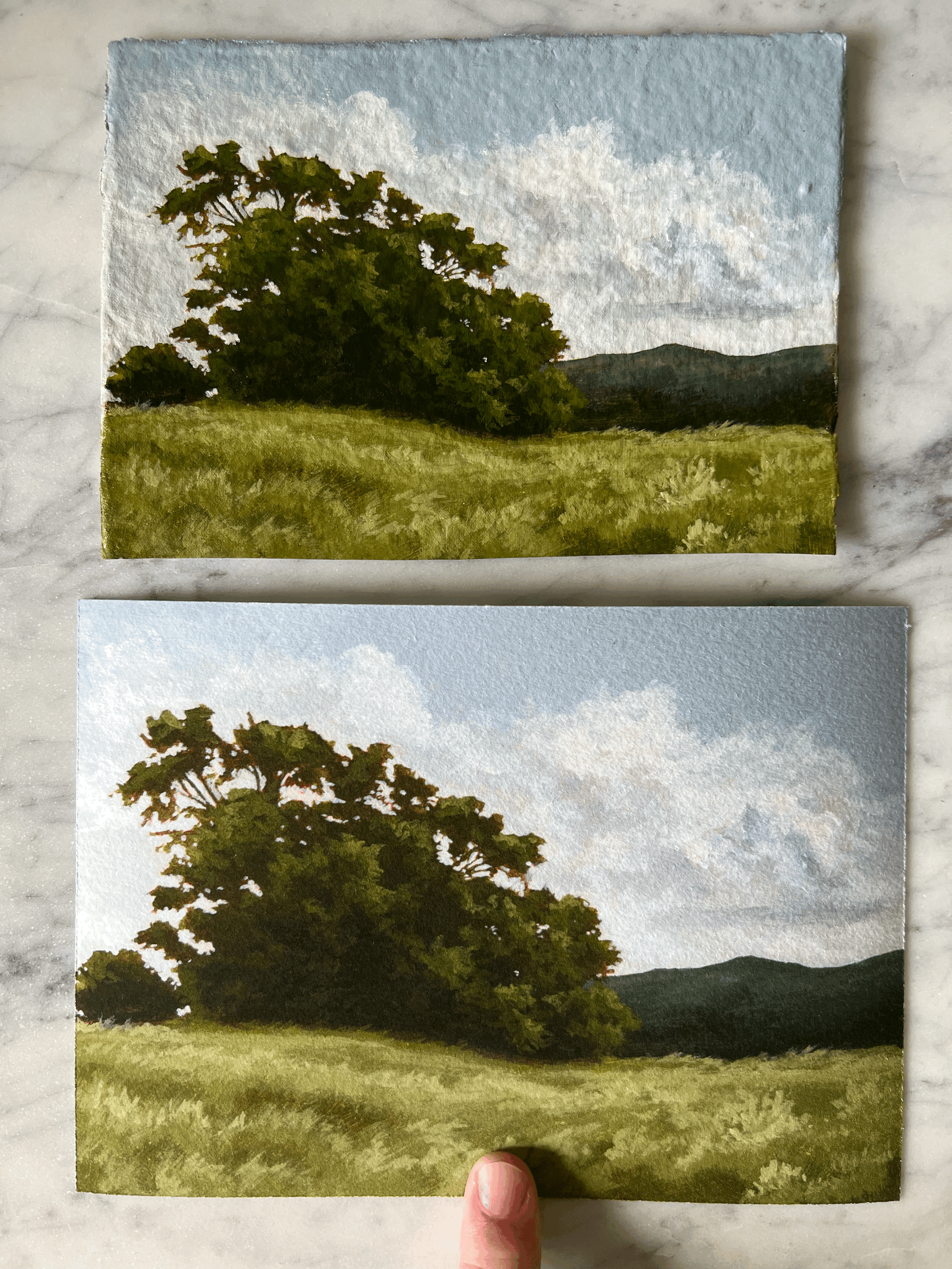 Fine art giclee print of "Summer Tree ii" compared to original painting