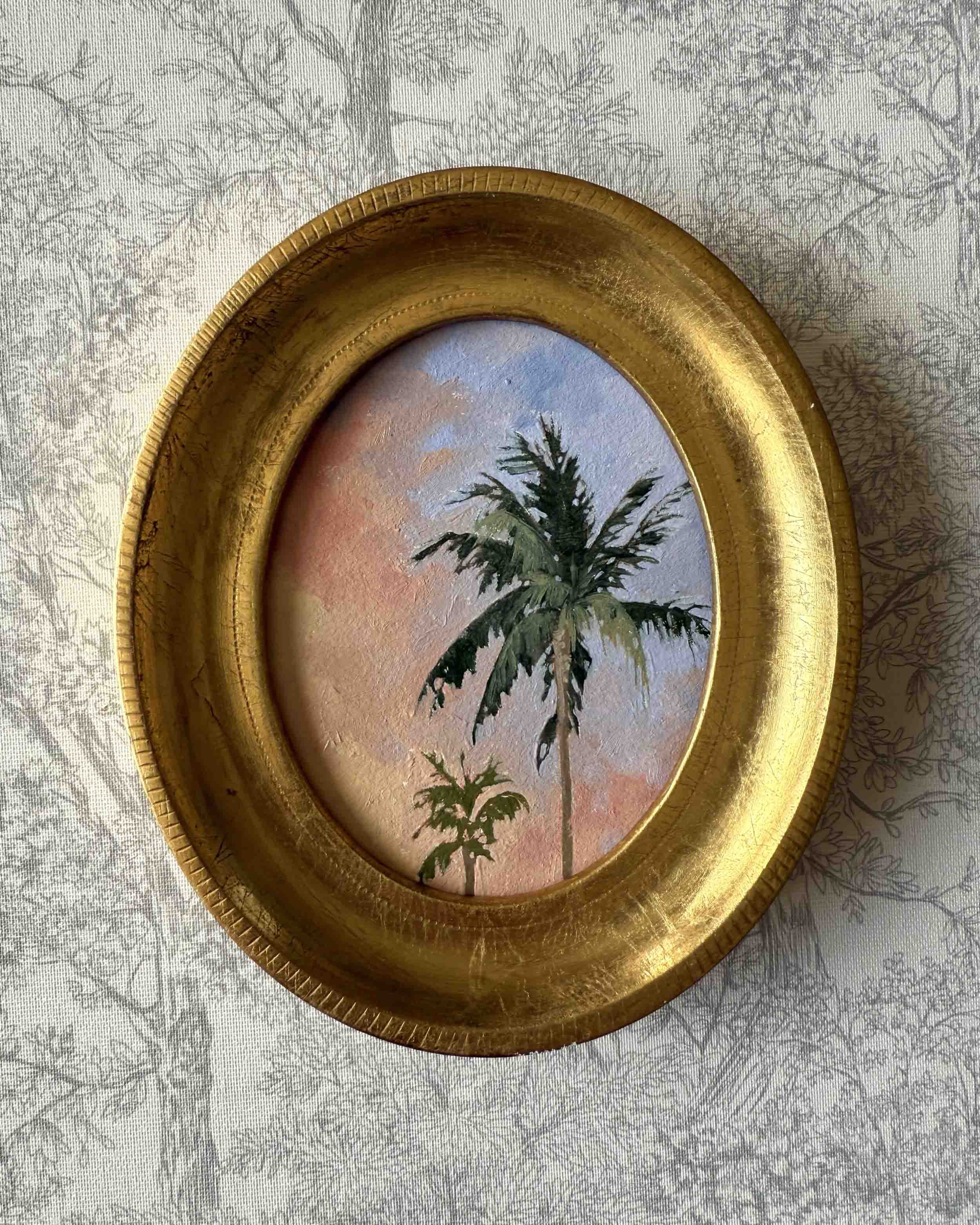 "Sunset Palm Duo in Oval" original oil landscape painting in vintage Florentine frame