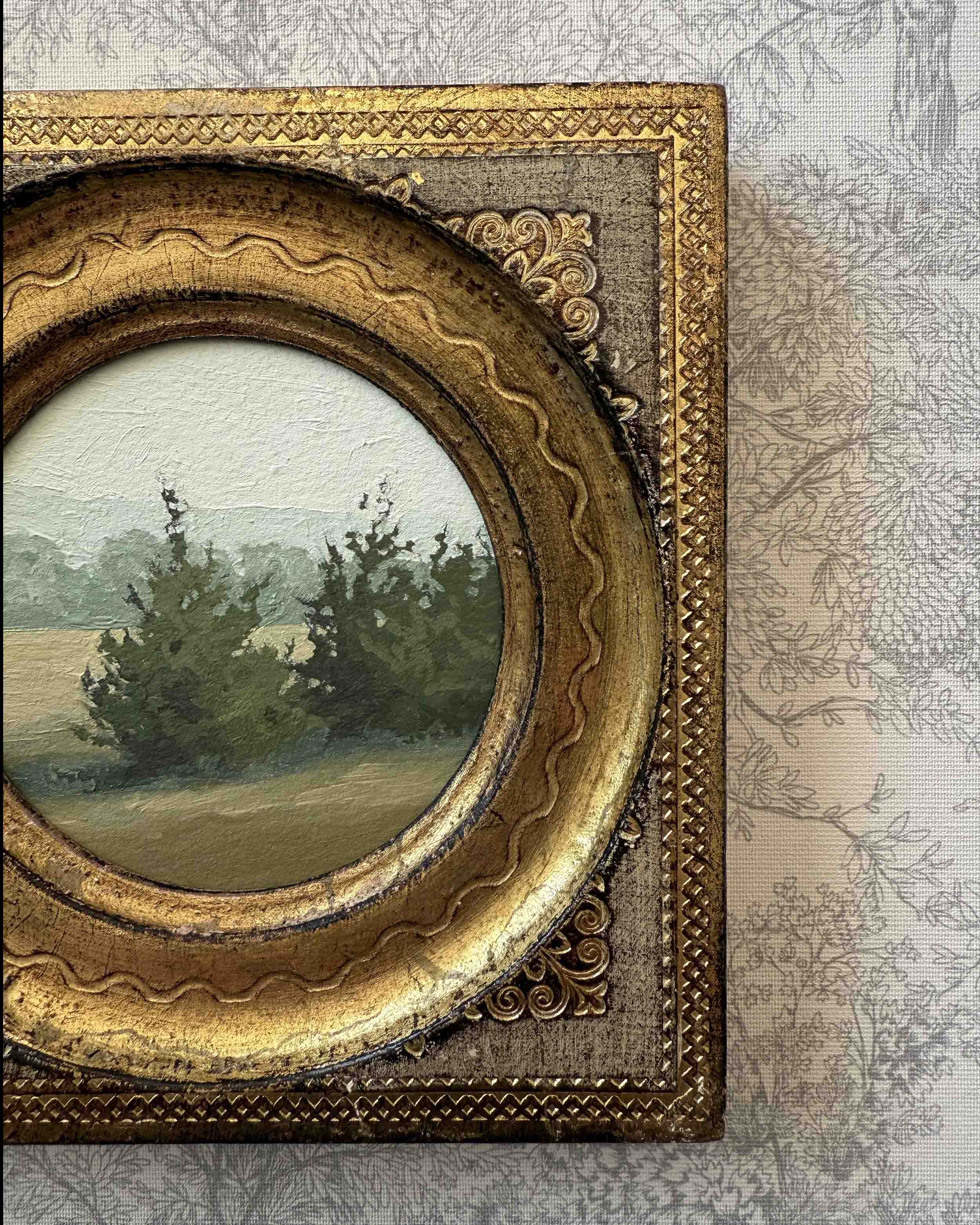 "Breath of Fresh Air" original oil landscape painting in vintage Florentine frame, $445