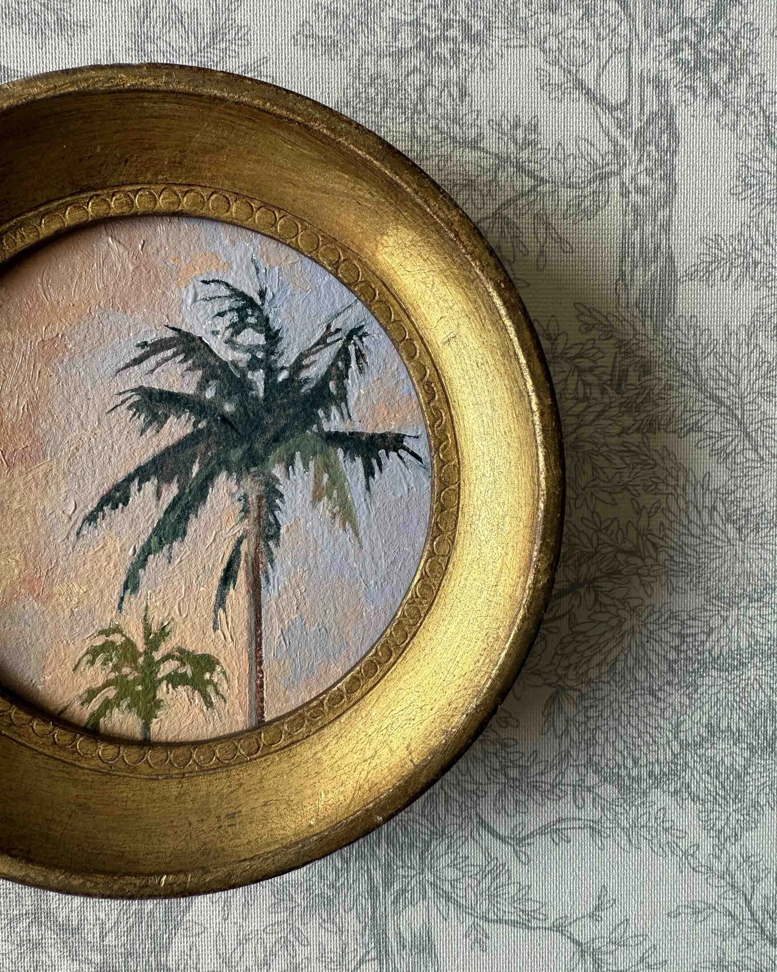 "Sunset Palm Duo ii" original oil landscape painting in vintage Florentine frame