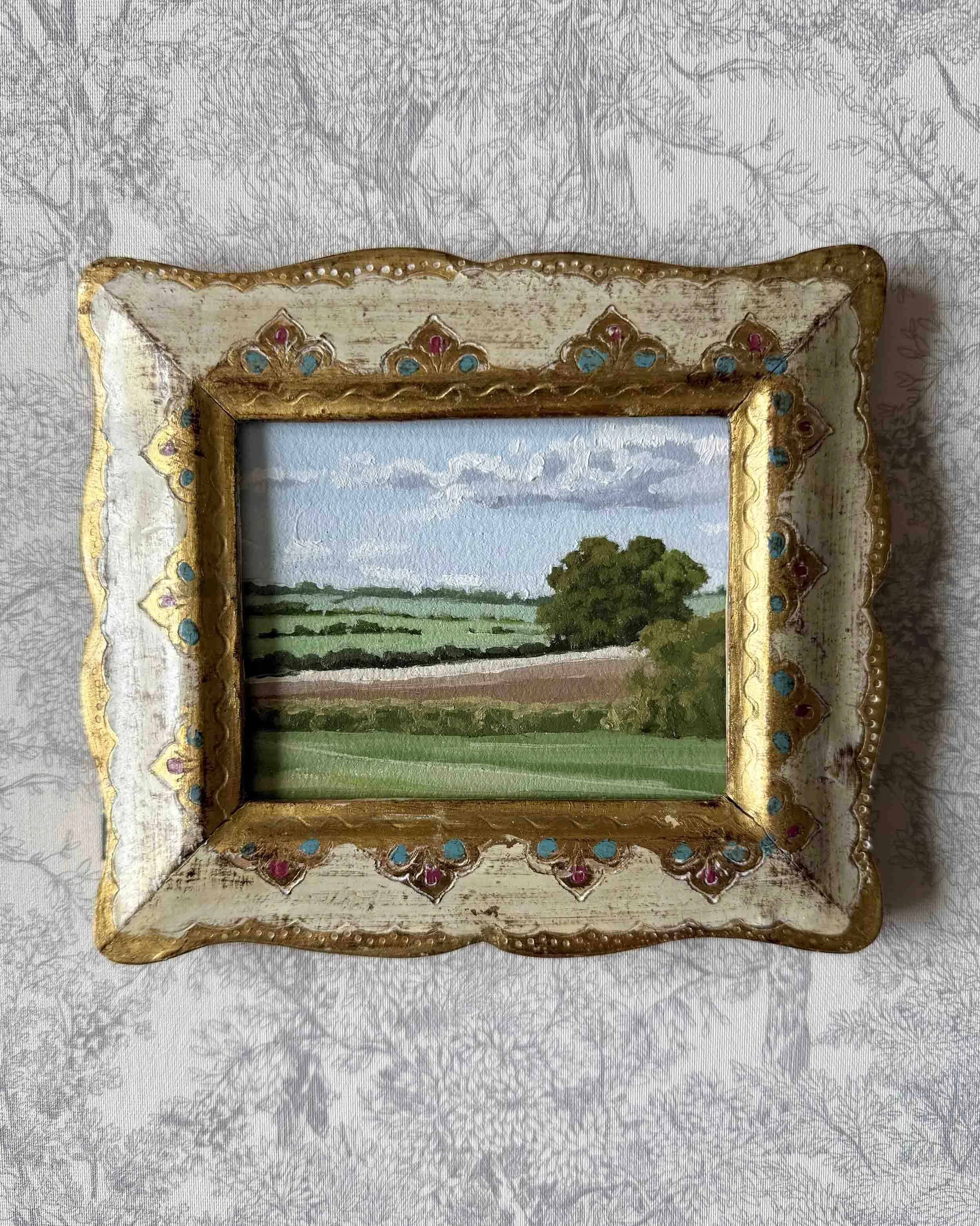 "Farmland Green" original oil landscape in vintage frame