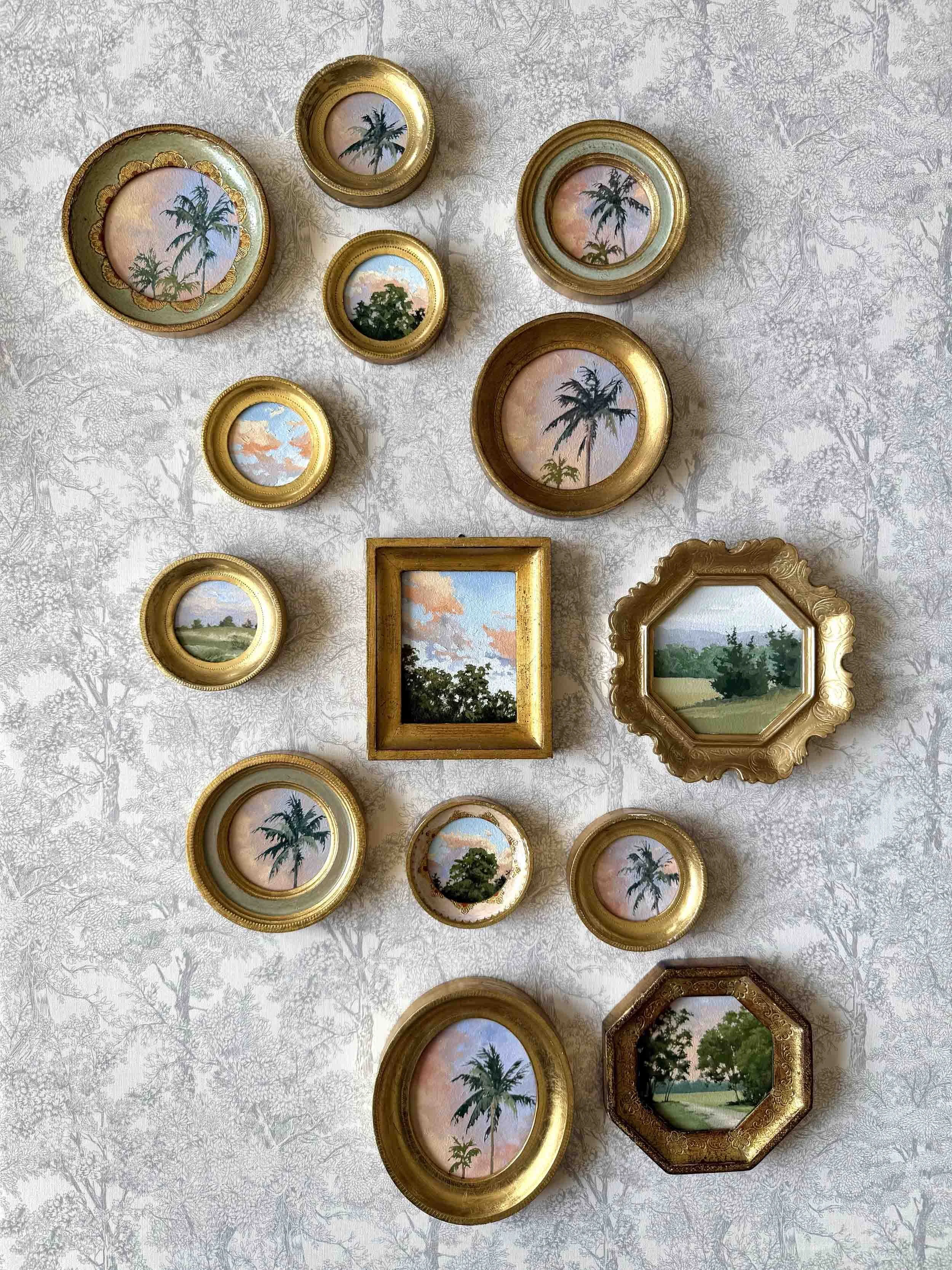 "Sunset Palm" original oil landscape painting in vintage Florentine frame