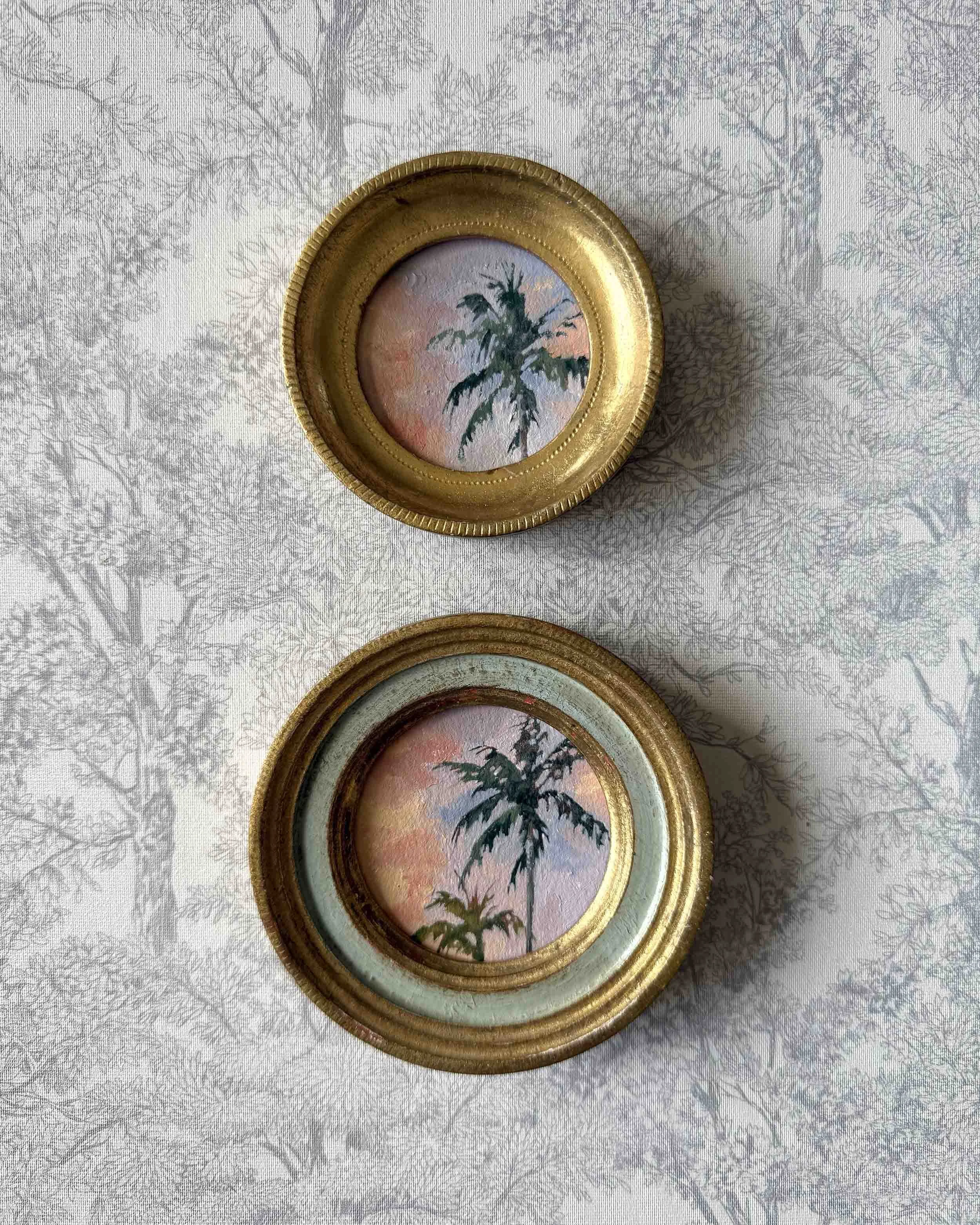 "Sunset Palm Duo" original oil landscape painting in vintage Florentine frame