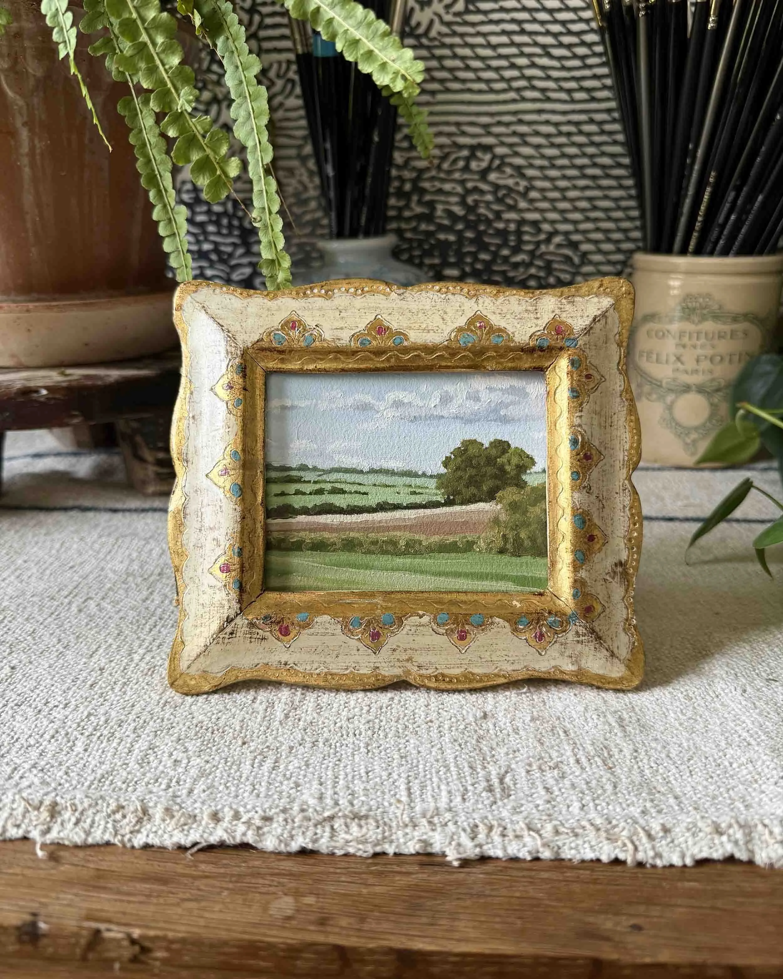 "Farmland Green" original oil landscape in vintage frame