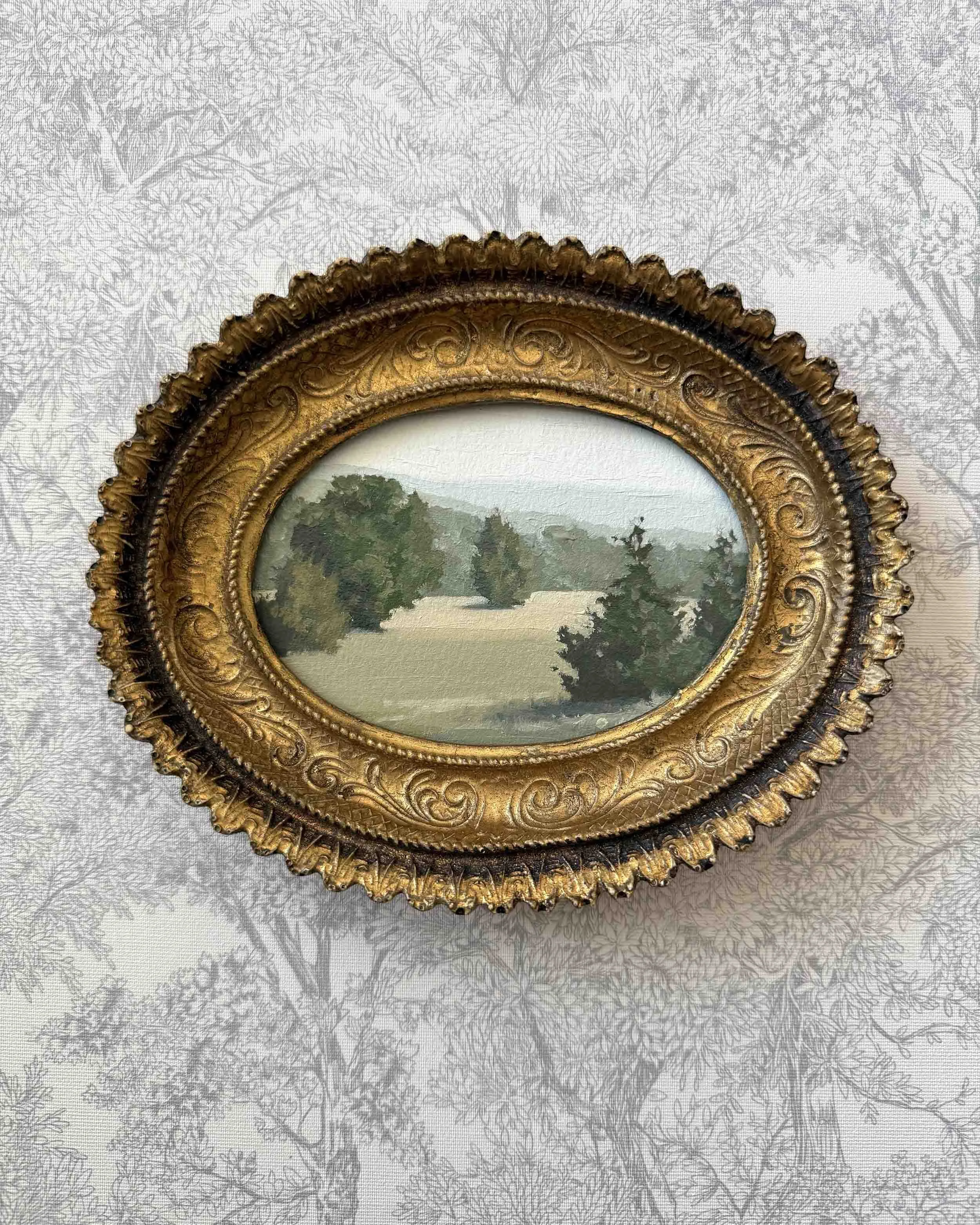 "Breath of Fresh Air iii" original oil landscape painting in vintage Florentine frame, $475