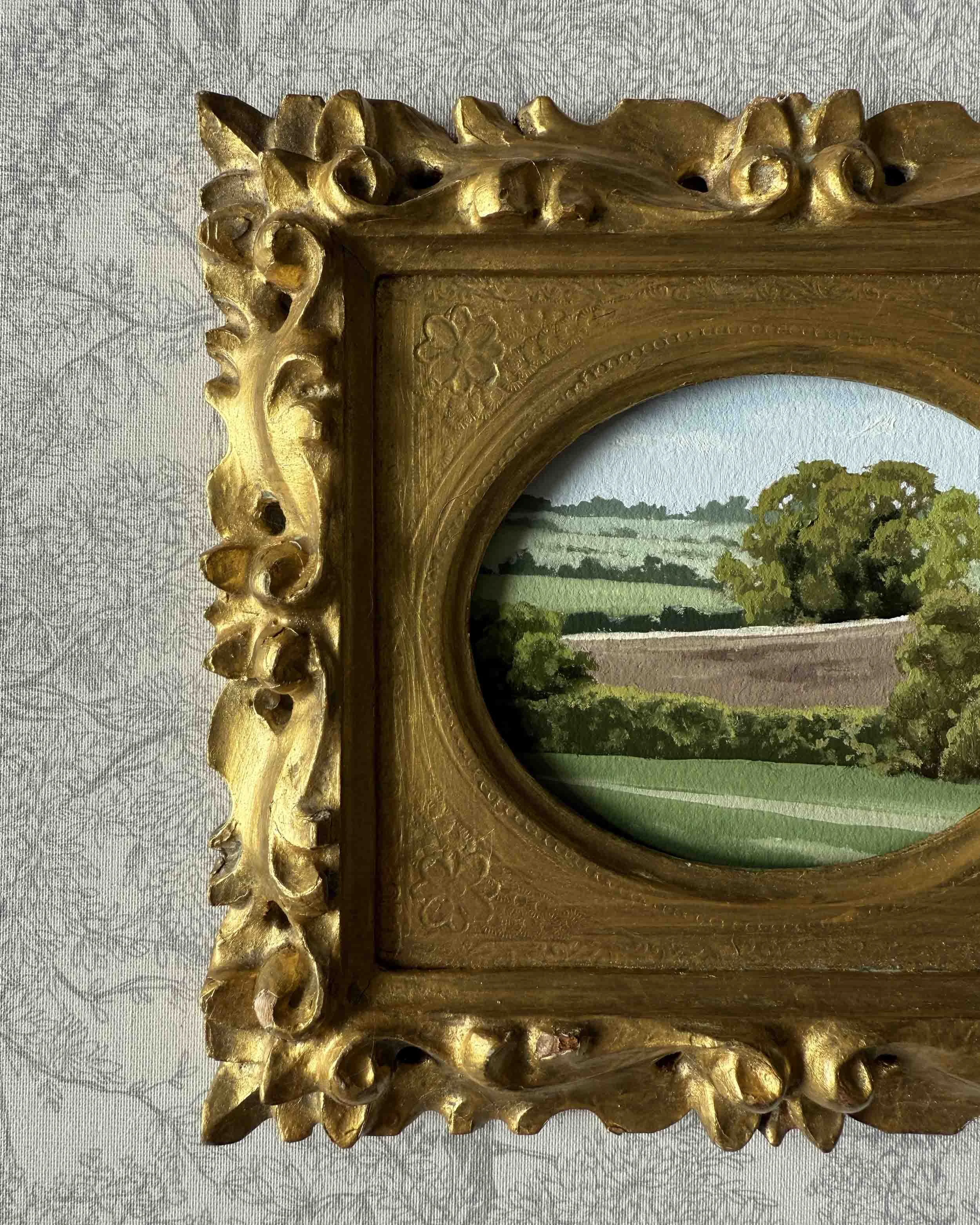 "Farmland Green iii" original oil landscape in vintage Florentine frame