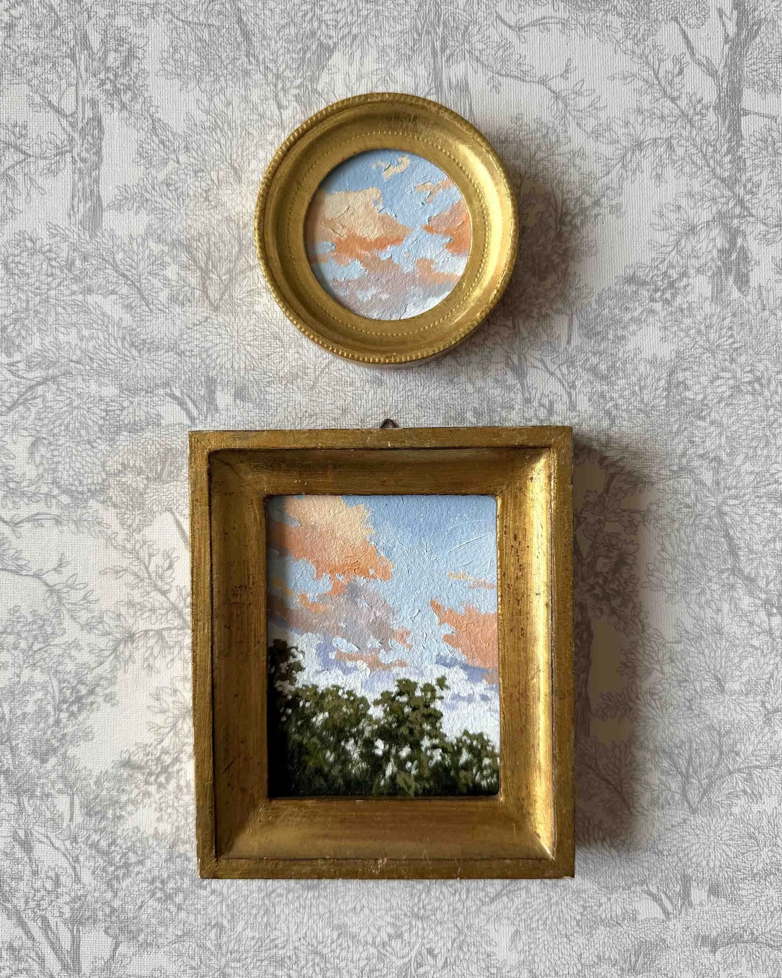 "Sunset Treetops" original oil landscape painting in vintage Florentine frame