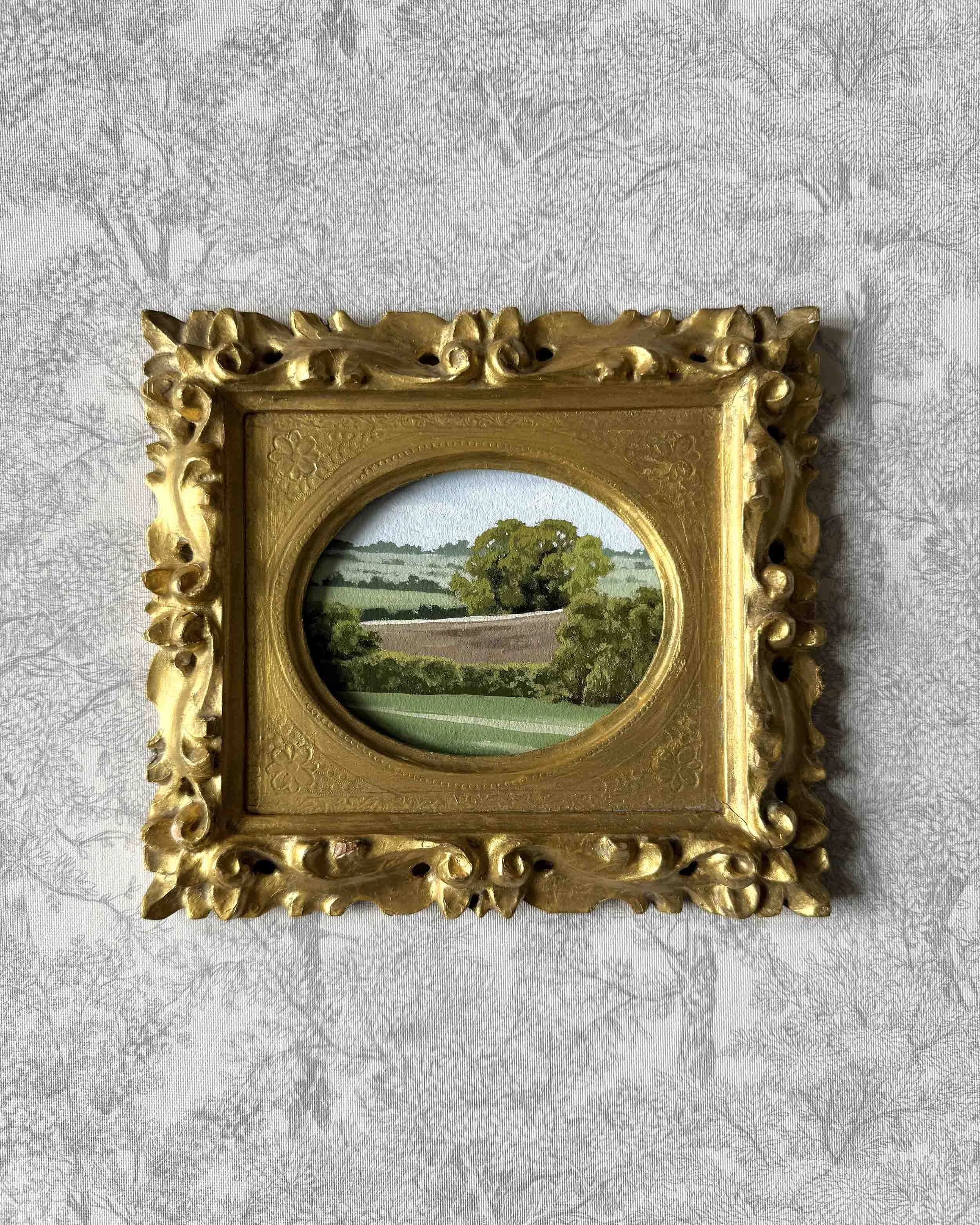 "Farmland Green iii" original oil landscape in vintage Florentine frame