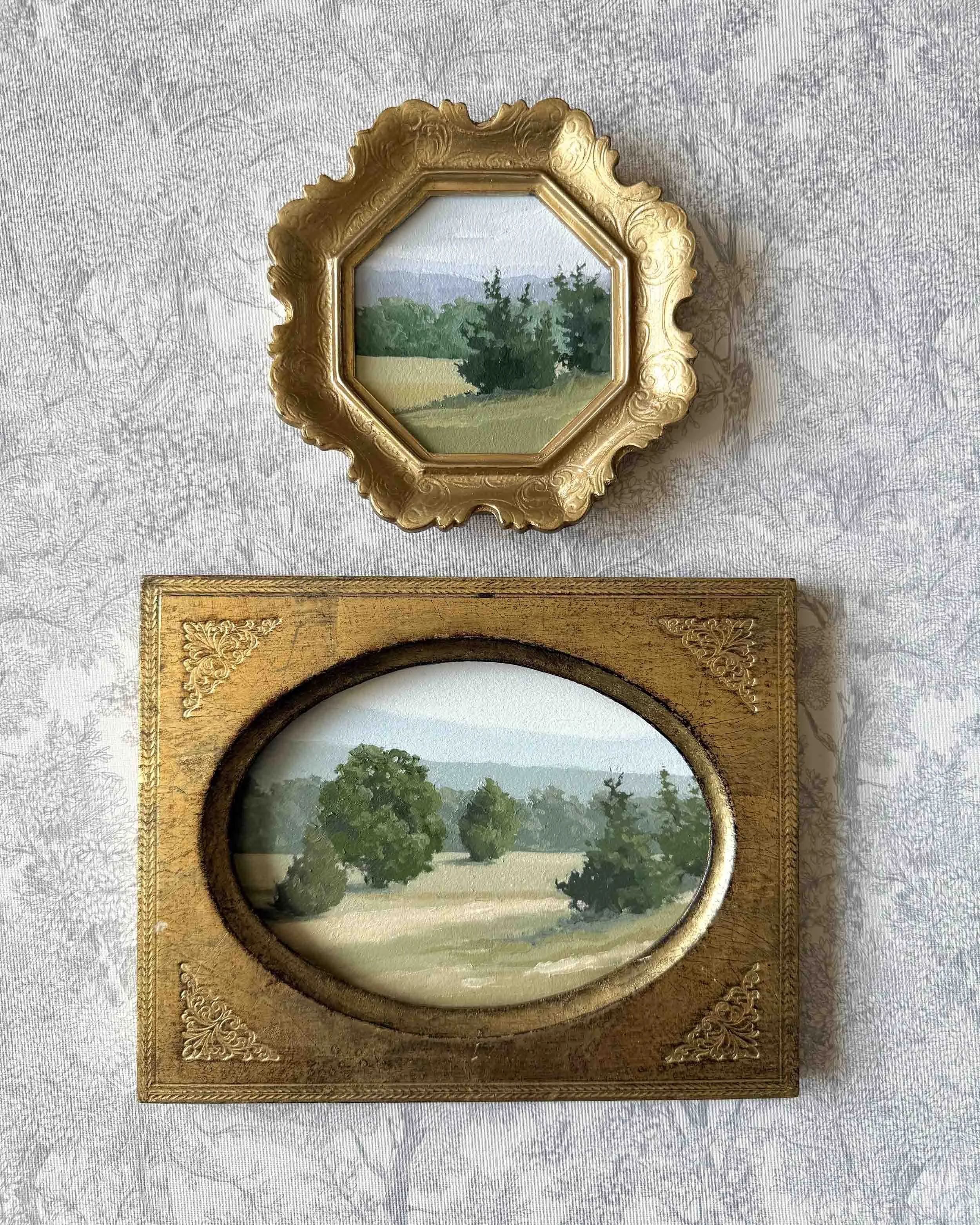 "Breath of Fresh Air viii" original oil landscape painting in vintage Florentine frame