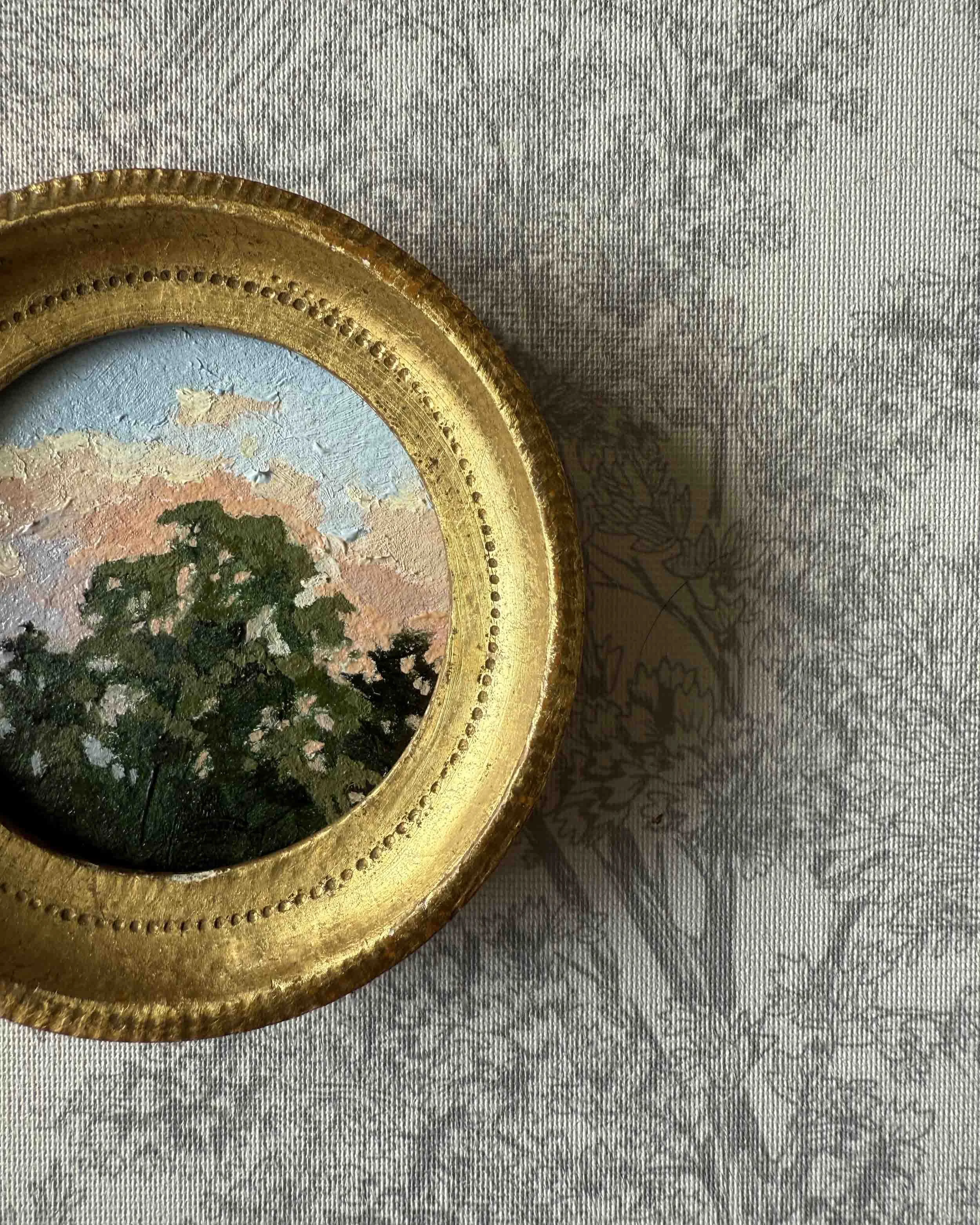 "Sunset Treetops Mini" original oil landscape painting in vintage Florentine frame