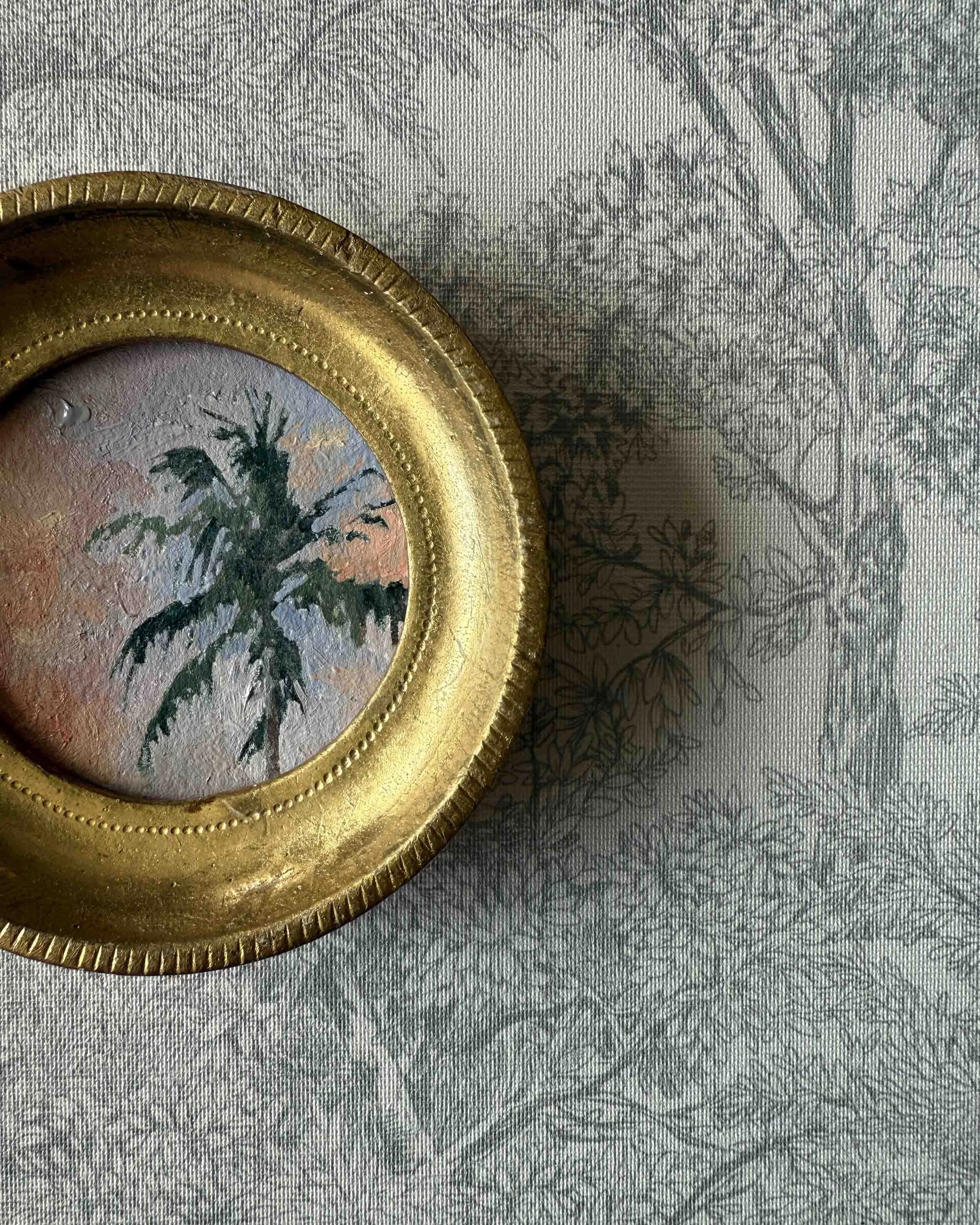 "Sunset Palm Mini" original oil landscape painting in vintage Florentine frame