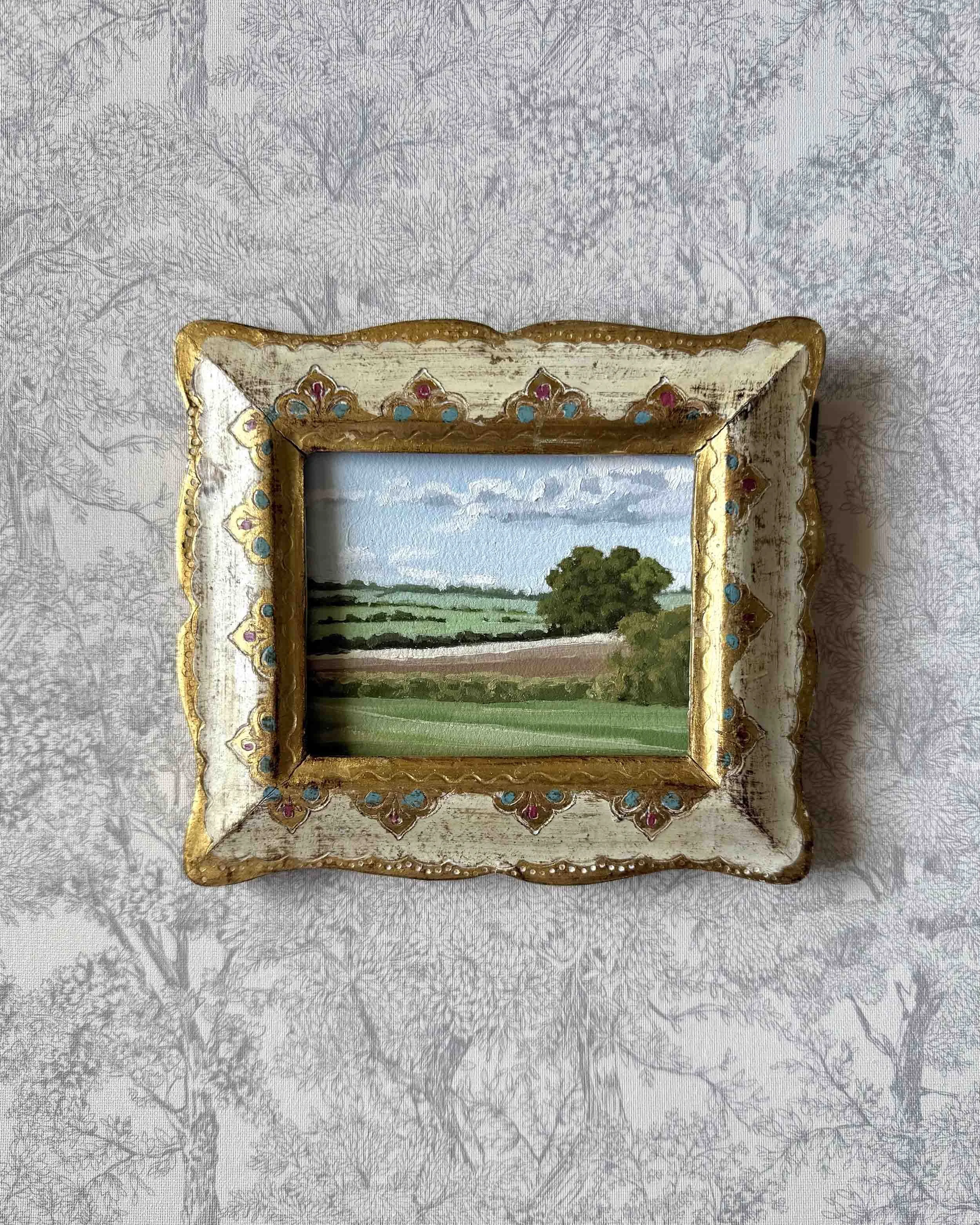 "Farmland Green" original oil landscape in vintage frame