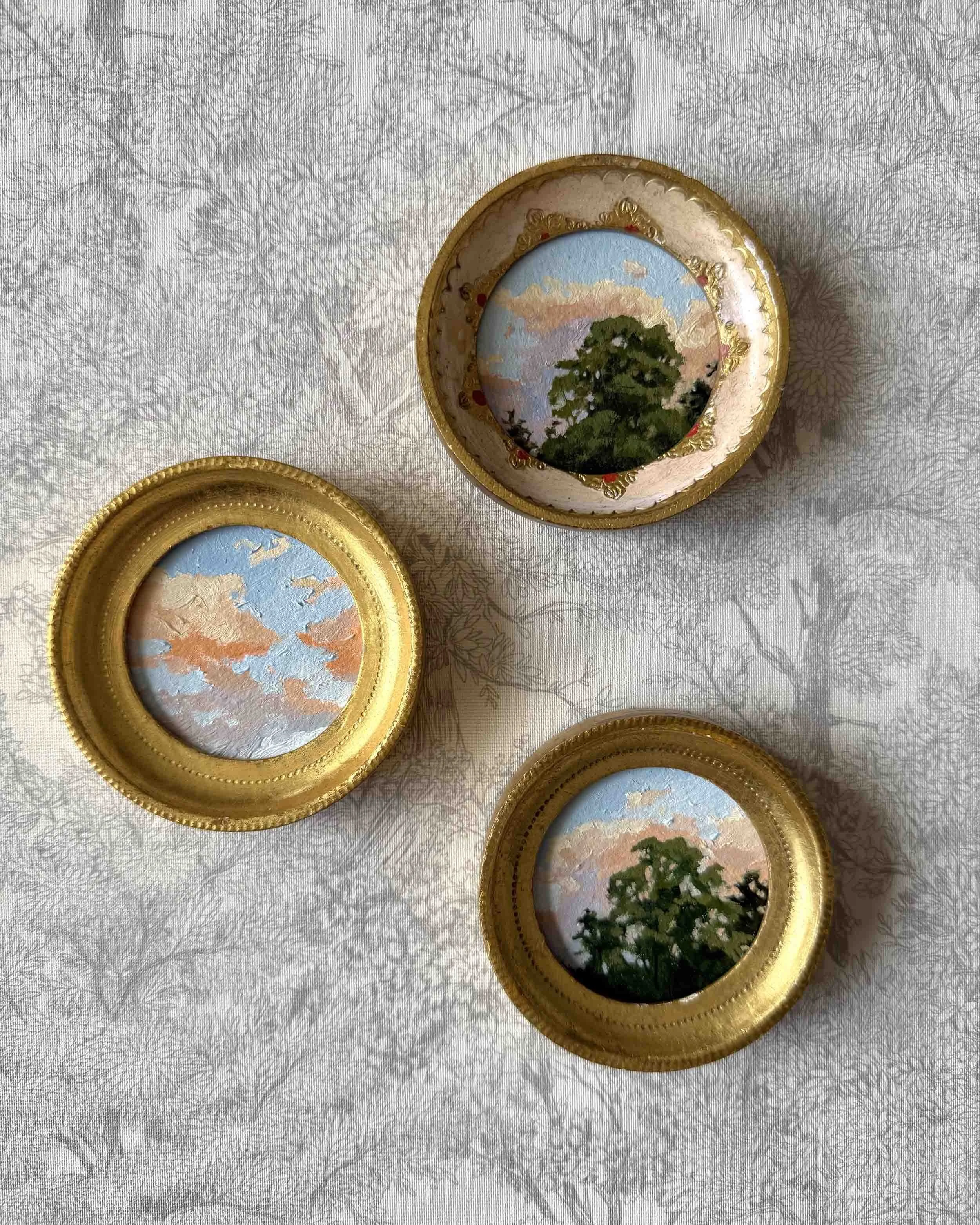 "Sunset Treetops Mini ii" original oil landscape painting in vintage Florentine frame