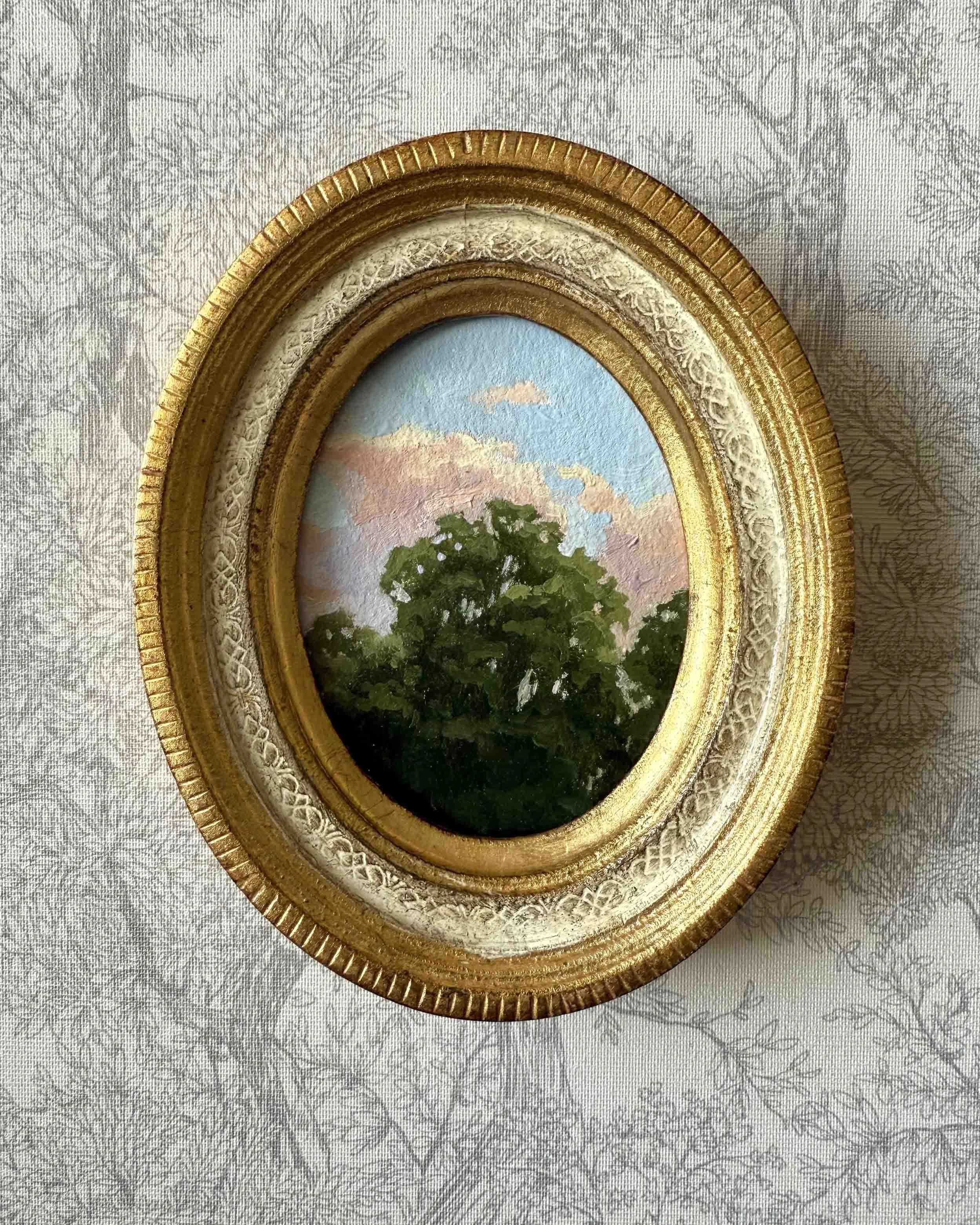 "Sunset Treetops iii" original oil landscape painting in vintage Florentine frame