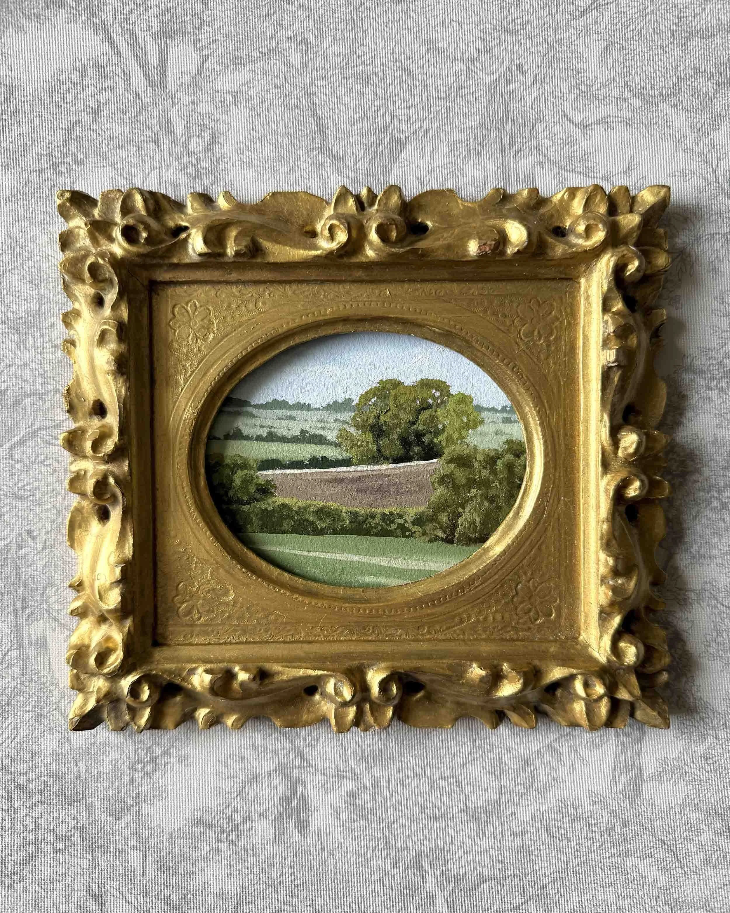 "Farmland Green iii" original oil landscape in vintage Florentine frame