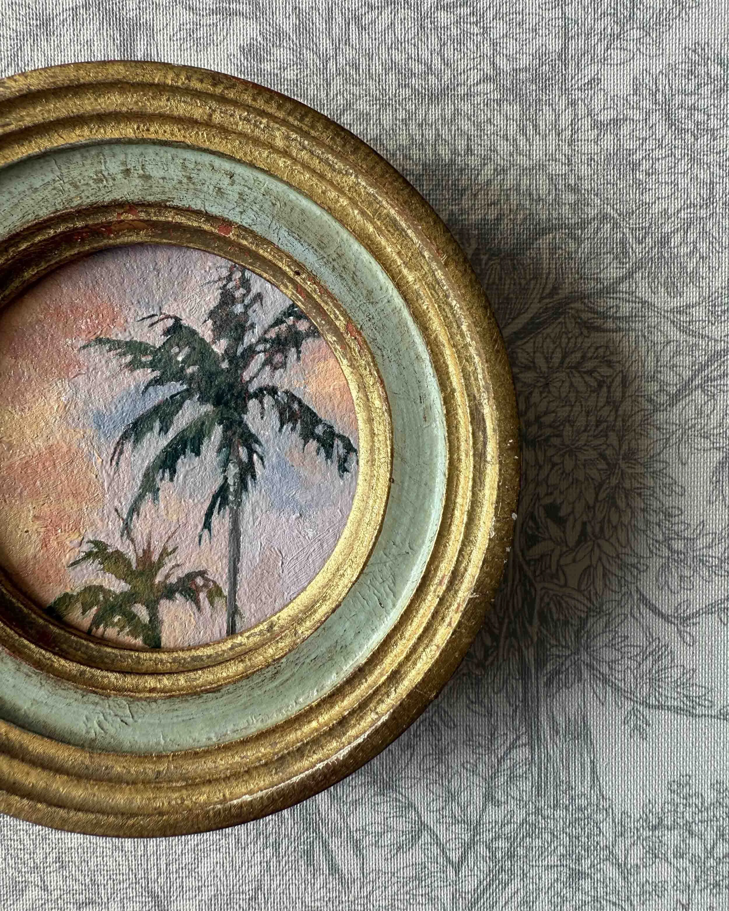 "Sunset Palm Duo" original oil landscape painting in vintage Florentine frame