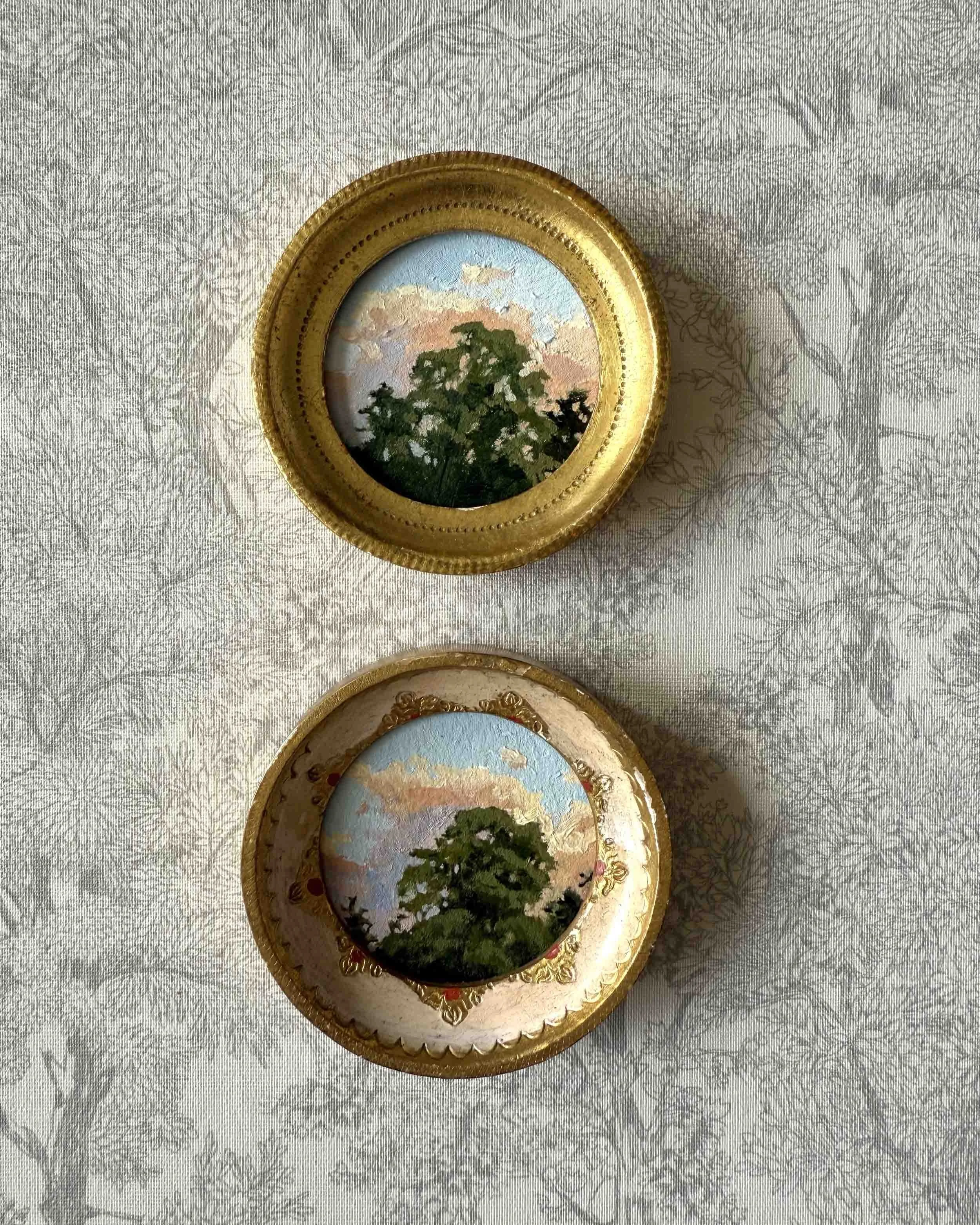 "Sunset Treetops Mini ii" original oil landscape painting in vintage Florentine frame