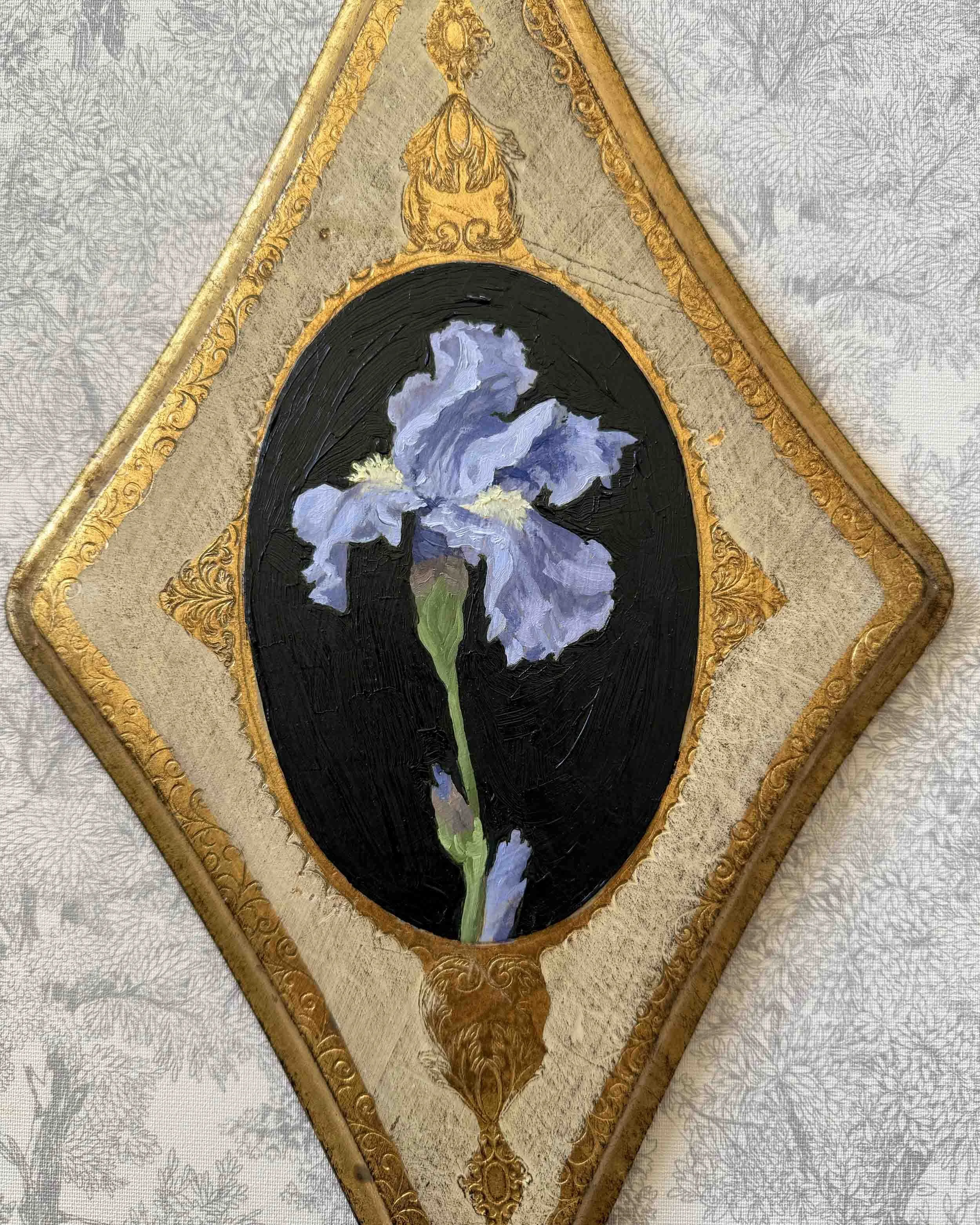 "Purple Iris on Diamond iii" original oil floral painting on vintage plaque, $540