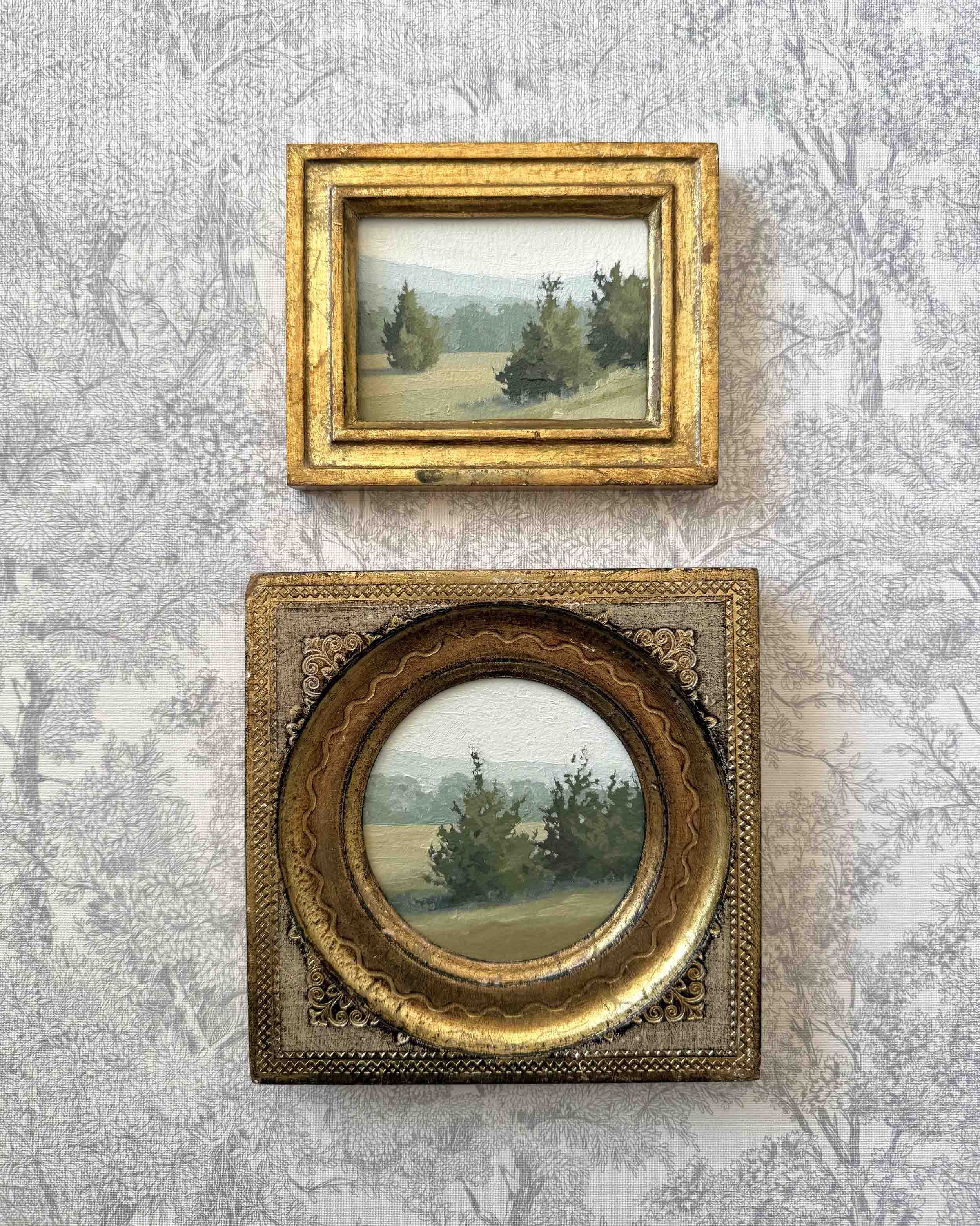 "Breath of Fresh Air ii" original oil landscape painting in vintage Florentine frame, $350