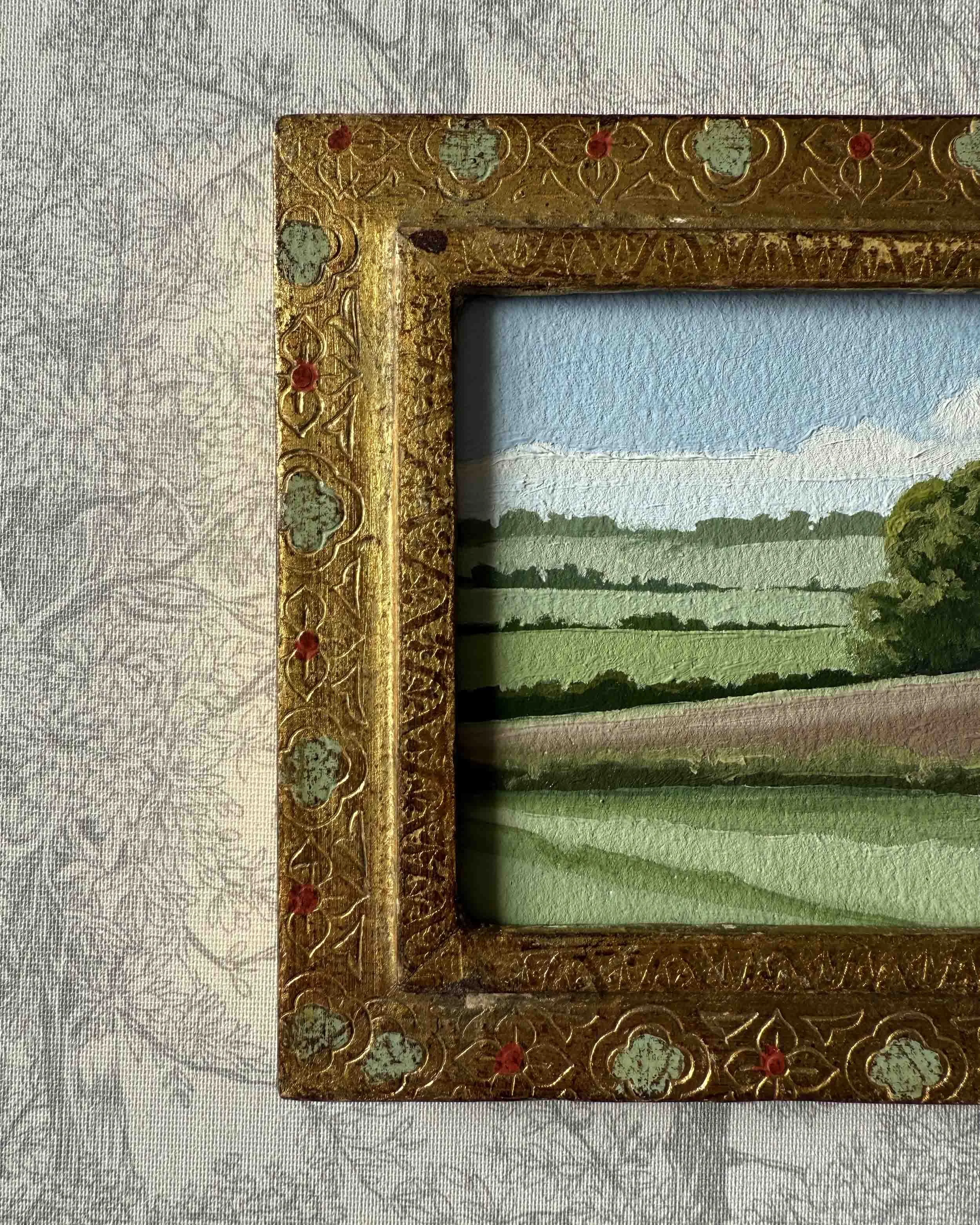 "Farmland Green iv" original oil landscape painting in vintage Florentine frame