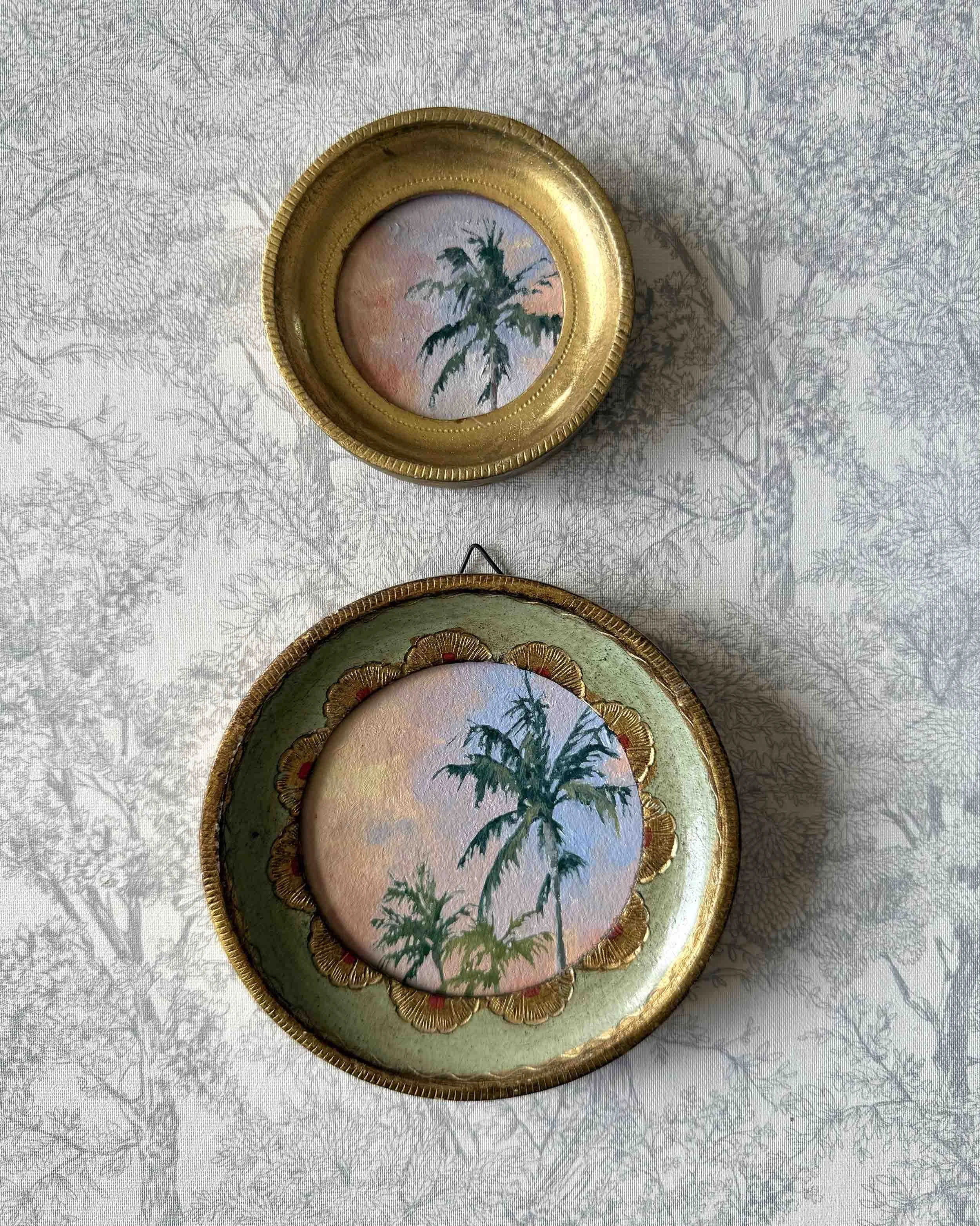 "Sunset Palm Mini" original oil landscape painting in vintage Florentine frame