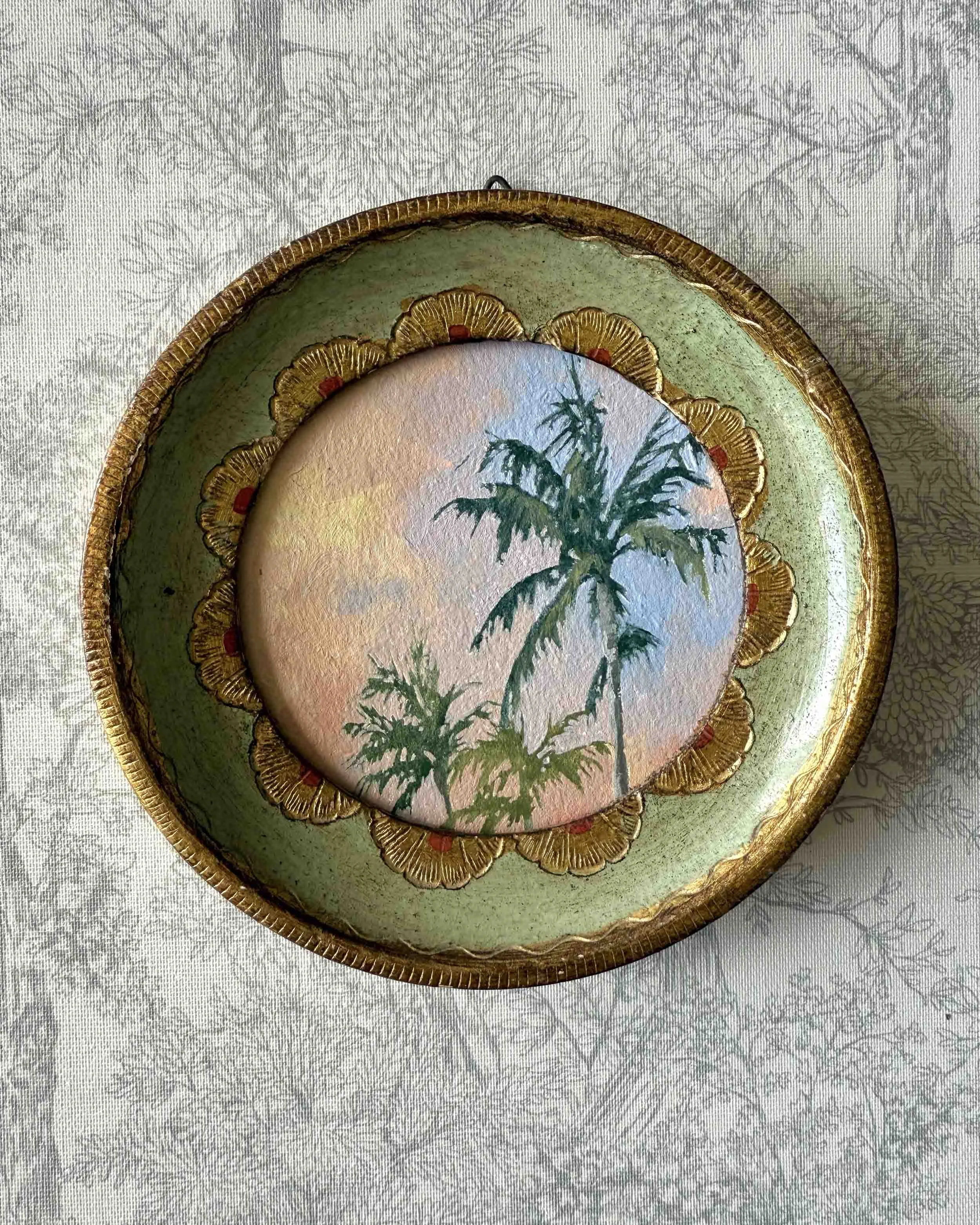 "Sunset Palm Trio" original oil landscape painting in vintage Florentine frame