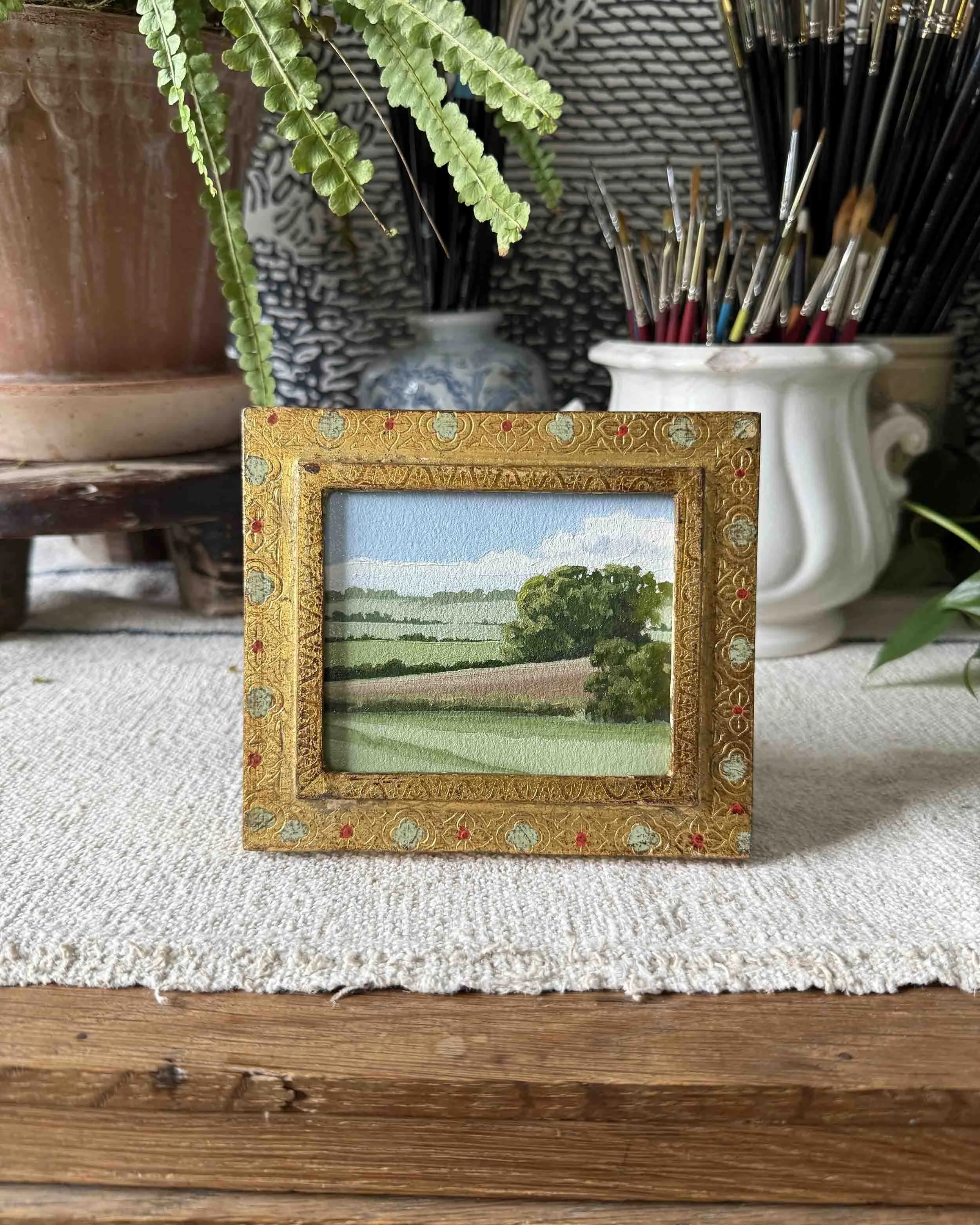 "Farmland Green iv" original oil landscape painting in vintage Florentine frame