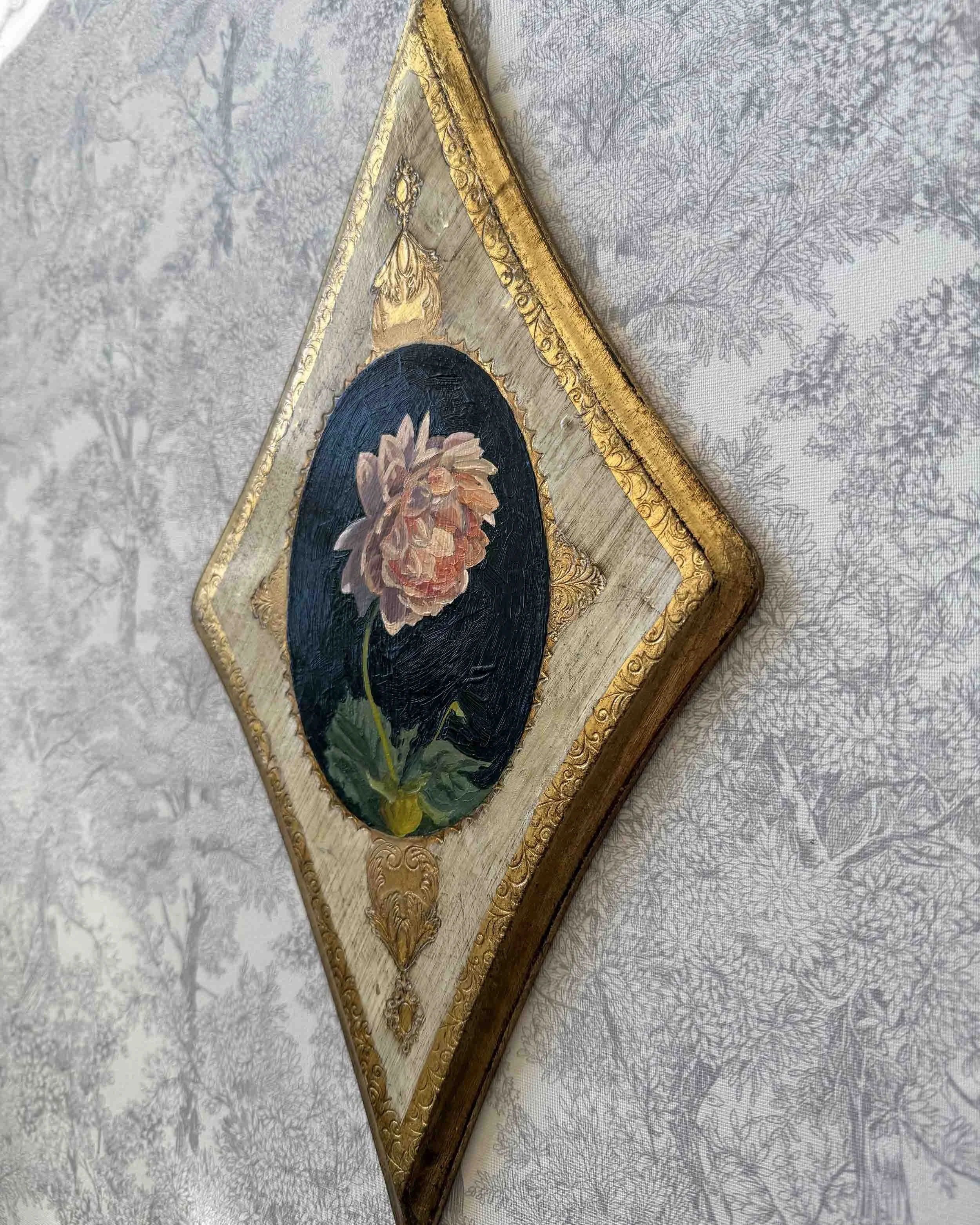 "Dahlia in Peach on Diamond iii" original oil floral painting on vintage plaque, $540