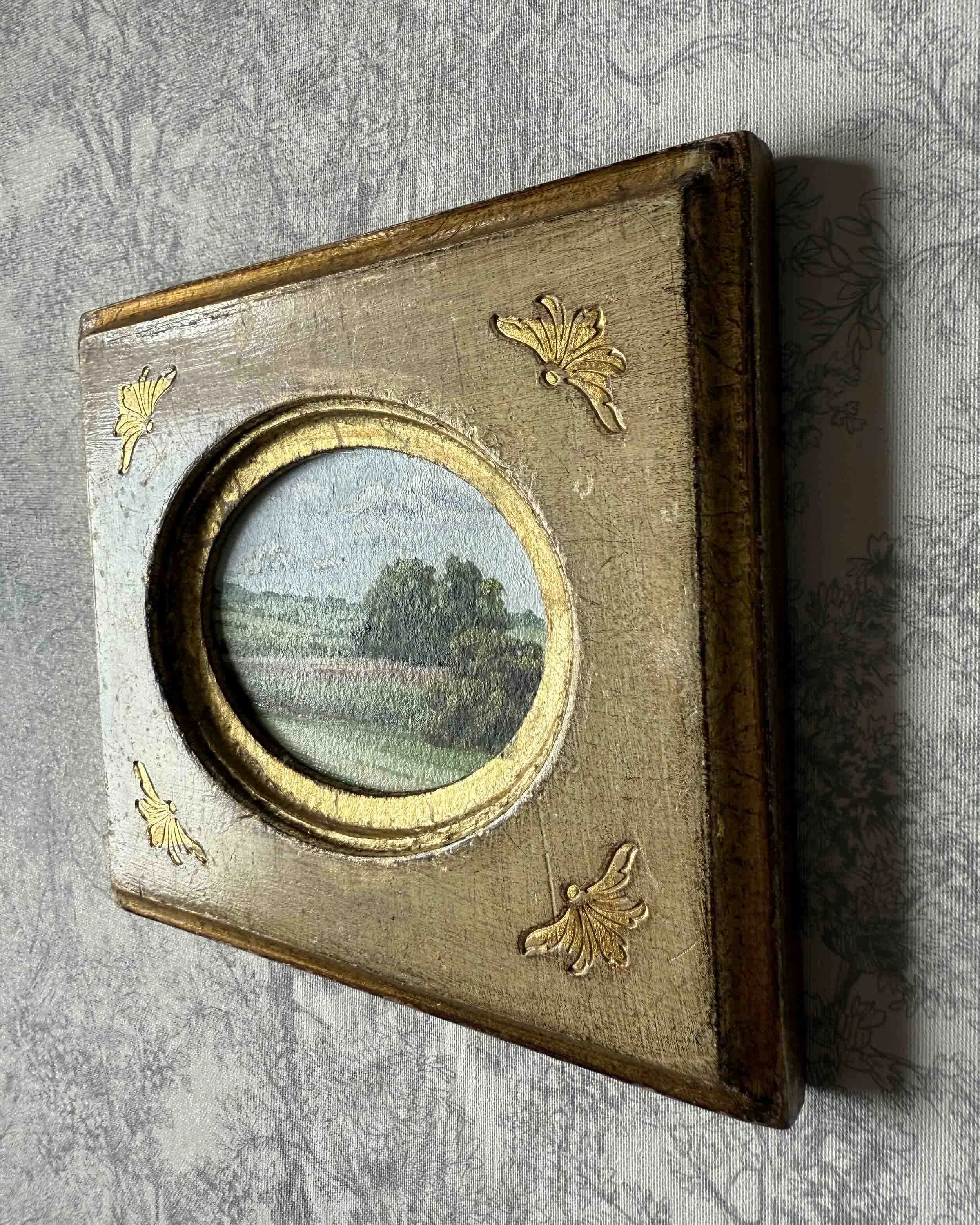 "Farmland Green ii" original oil landscape painting in vintage Florentine frame