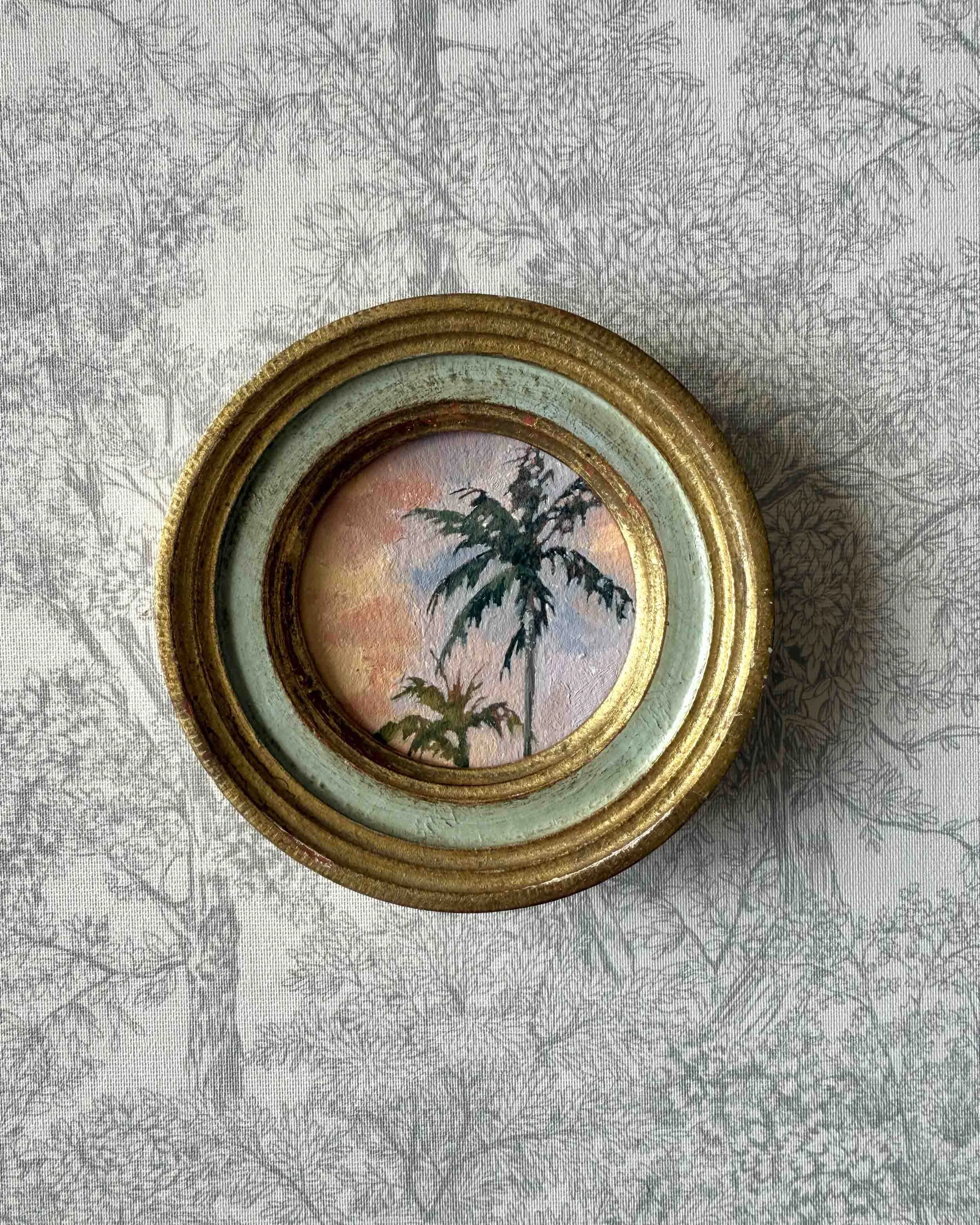 "Sunset Palm Duo" original oil landscape painting in vintage Florentine frame