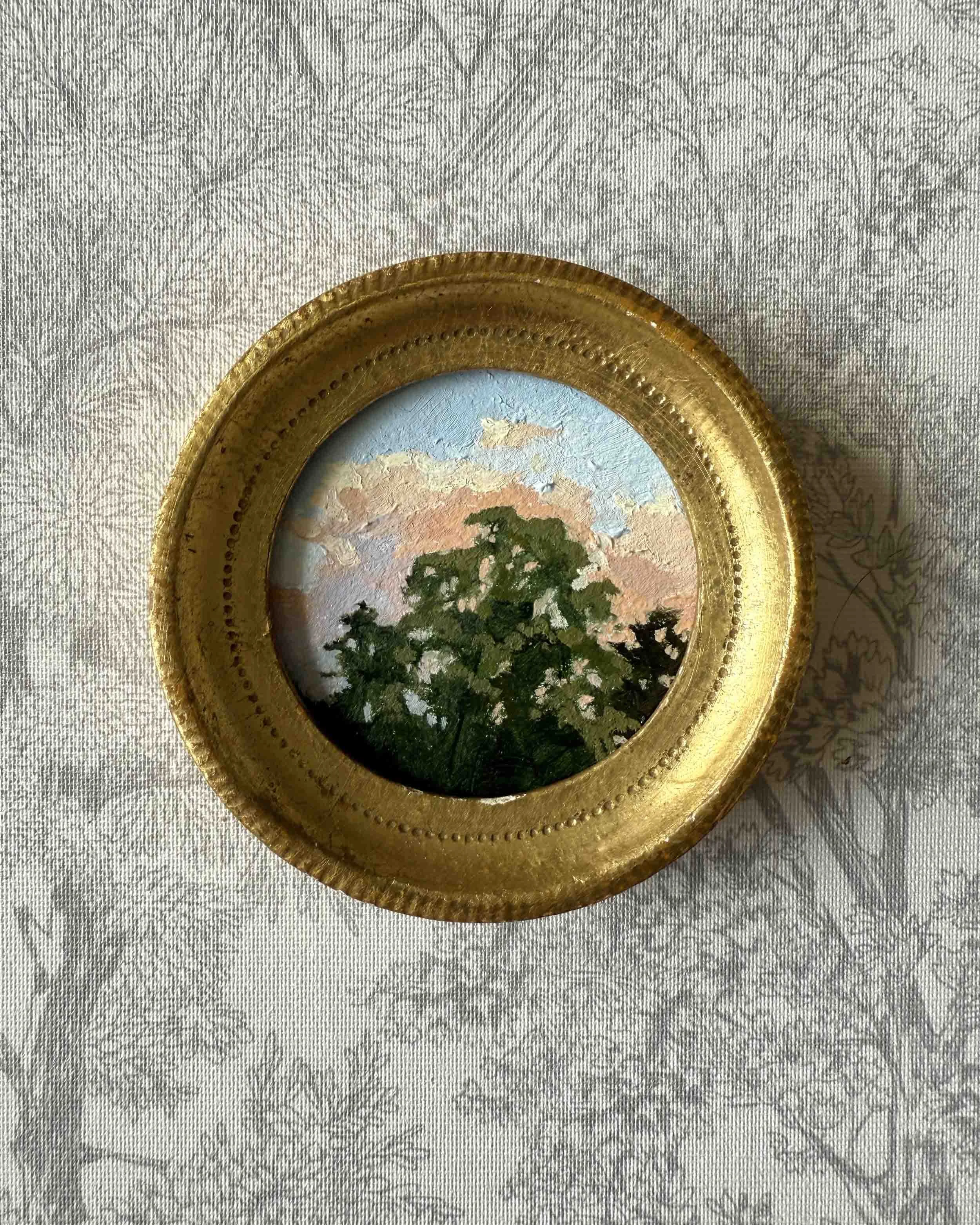 "Sunset Treetops Mini" original oil landscape painting in vintage Florentine frame