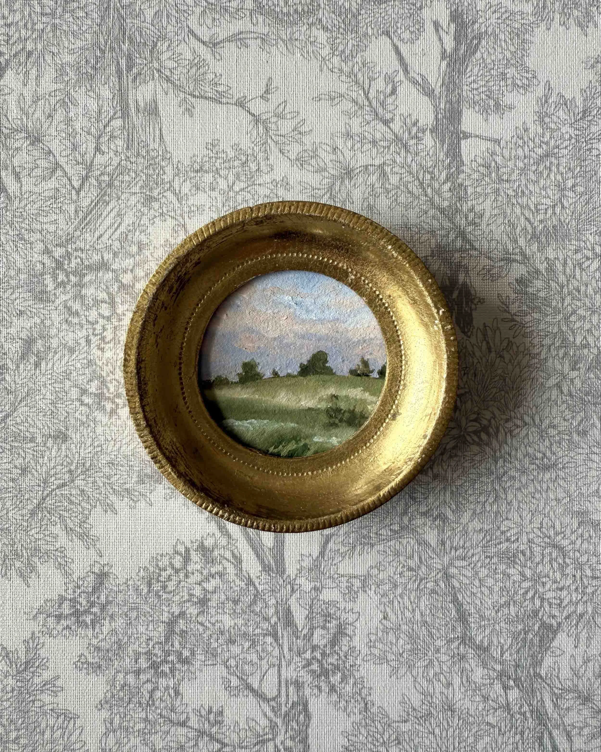 "Touch of Lavender Mini" original oil landscape painting in vintage Florentine frame