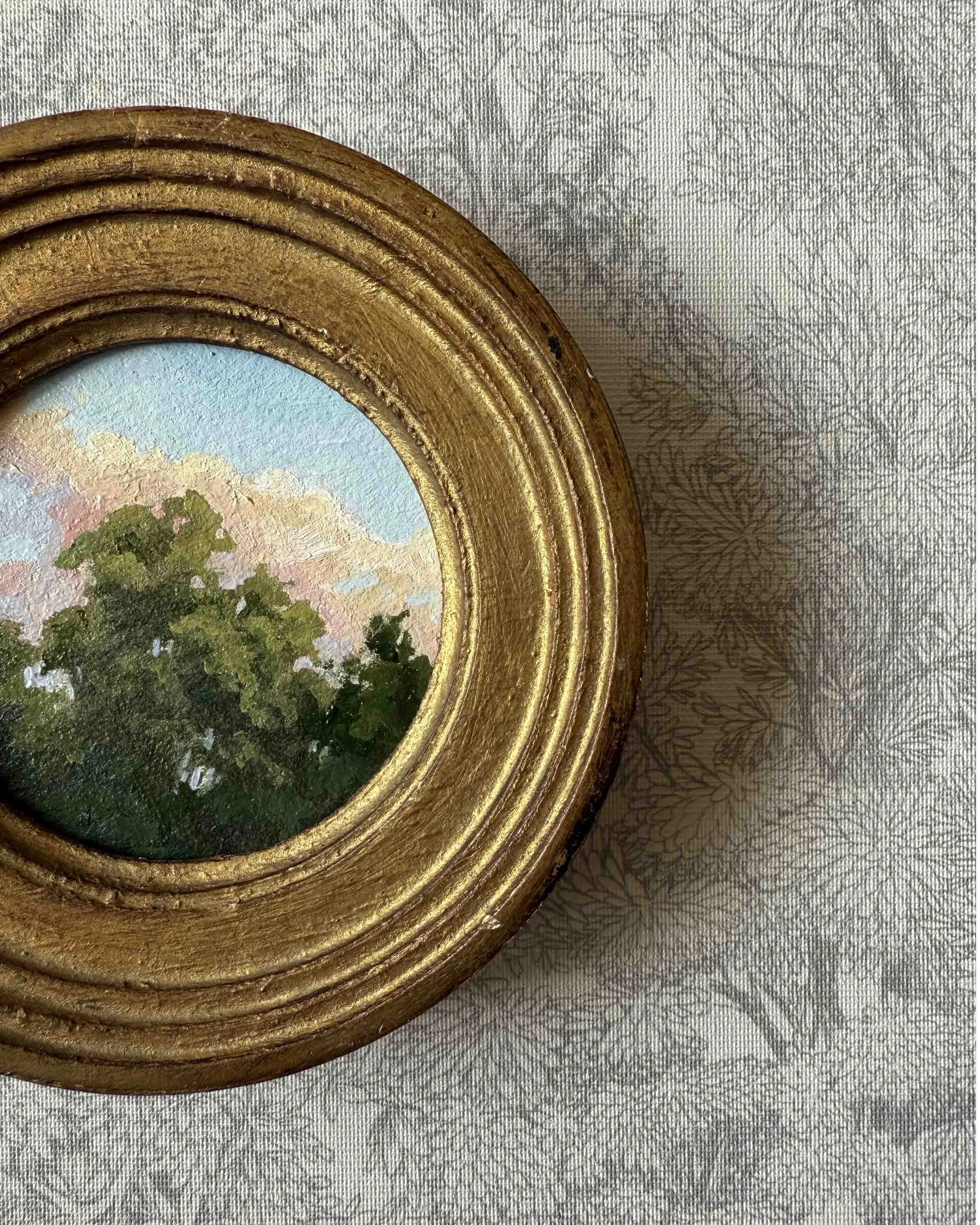 "Sunset Treetops ii" original oil landscape painting in vintage Florentine frame