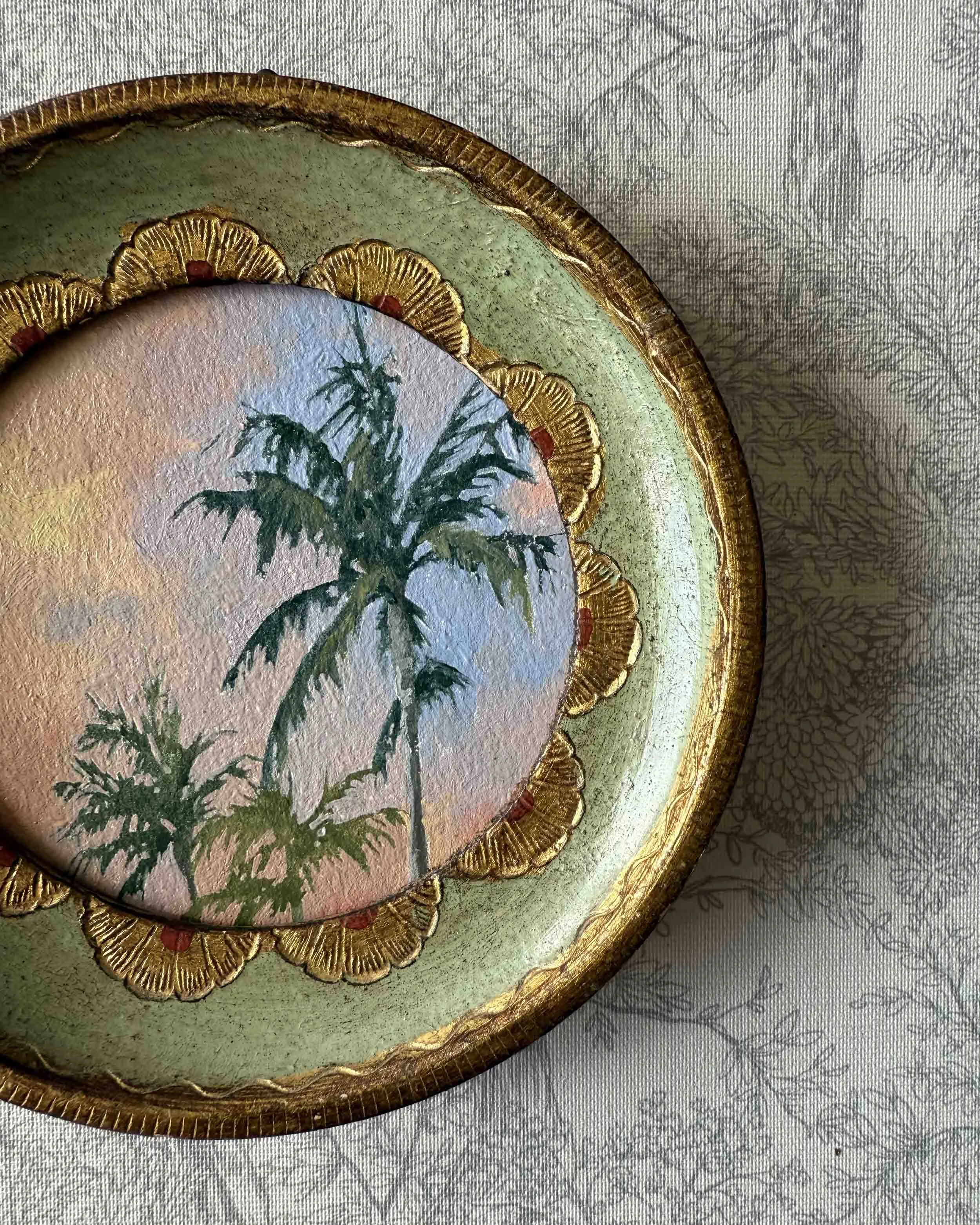 "Sunset Palm Trio" original oil landscape painting in vintage Florentine frame