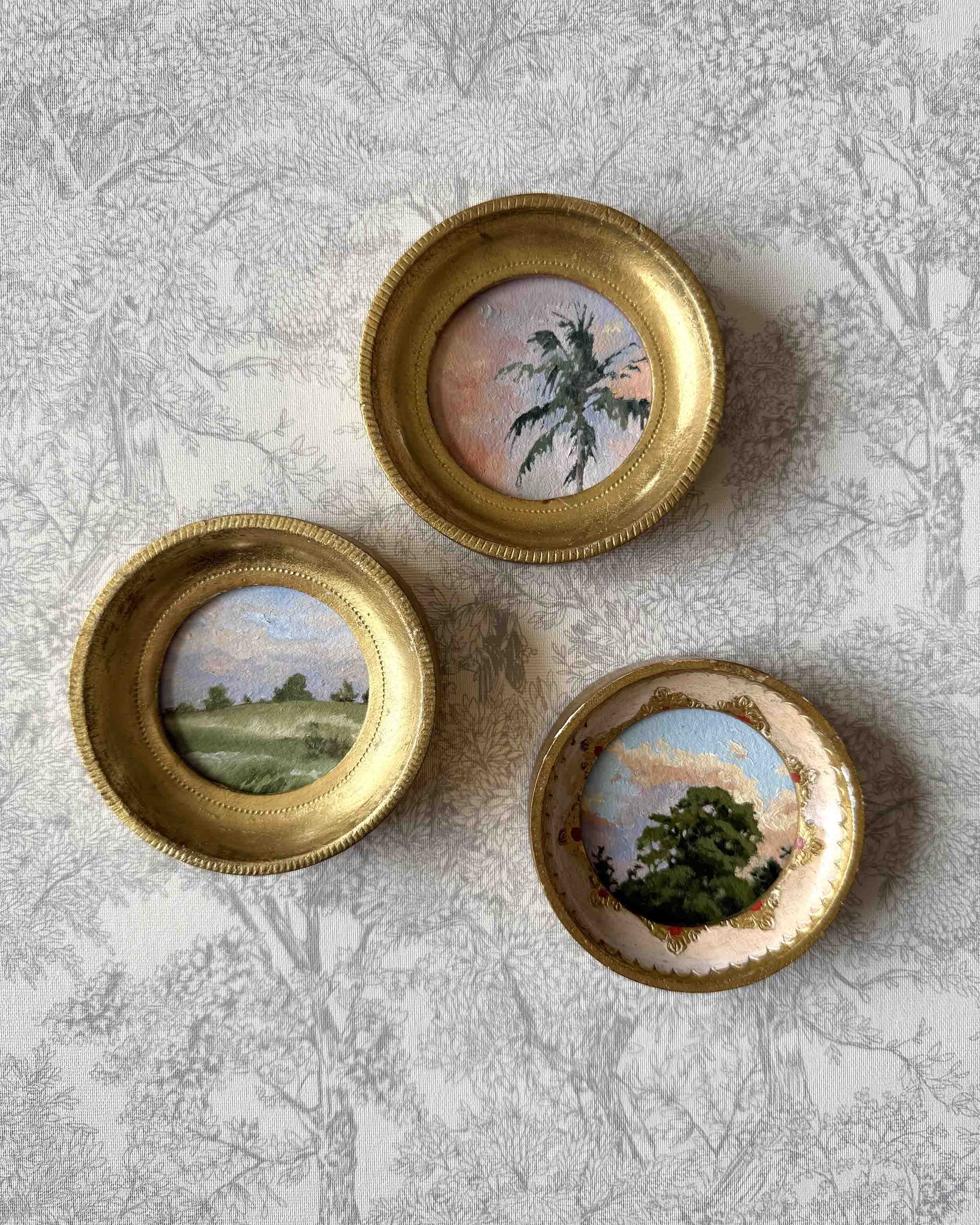 "Sunset Palm Mini" original oil landscape painting in vintage Florentine frame