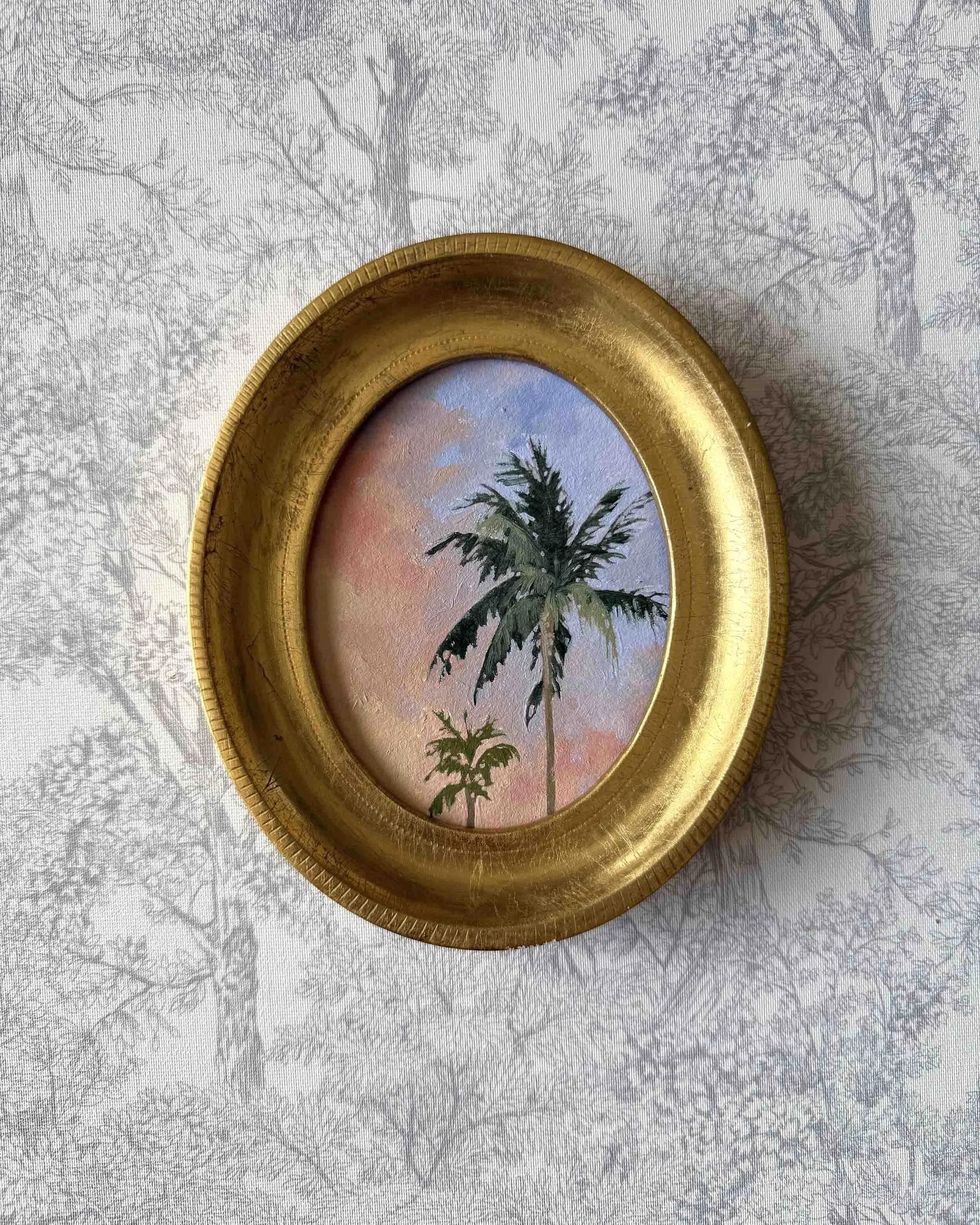"Sunset Palm Duo in Oval" original oil landscape painting in vintage Florentine frame