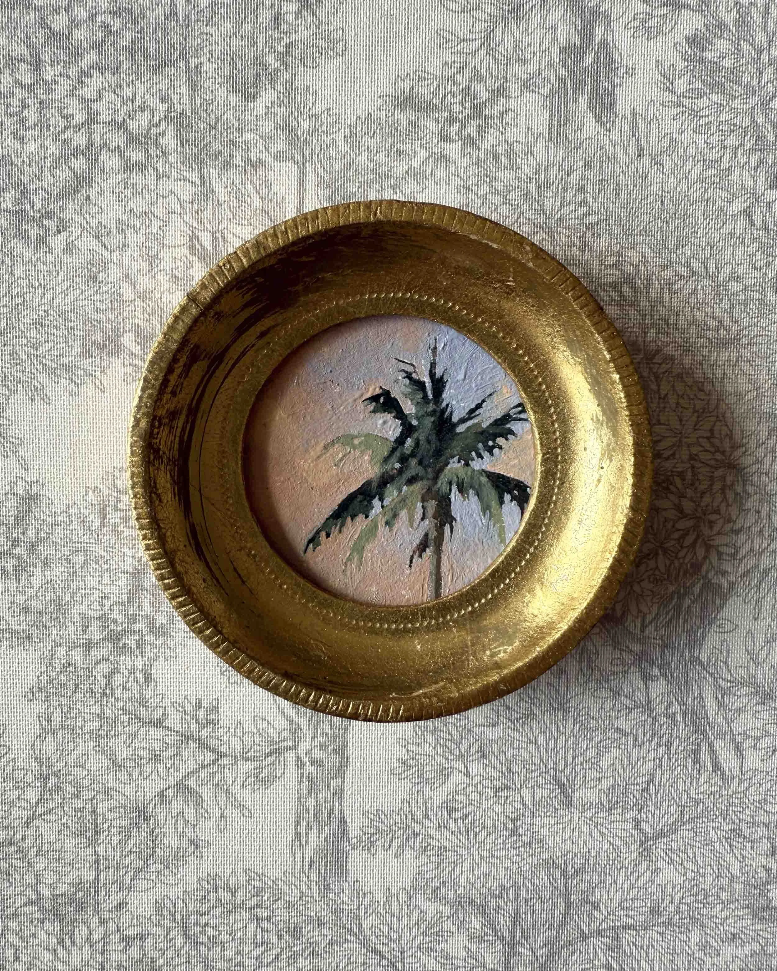 "Sunset Palm Mini ii" original oil landscape painting in vintage Florentine frame