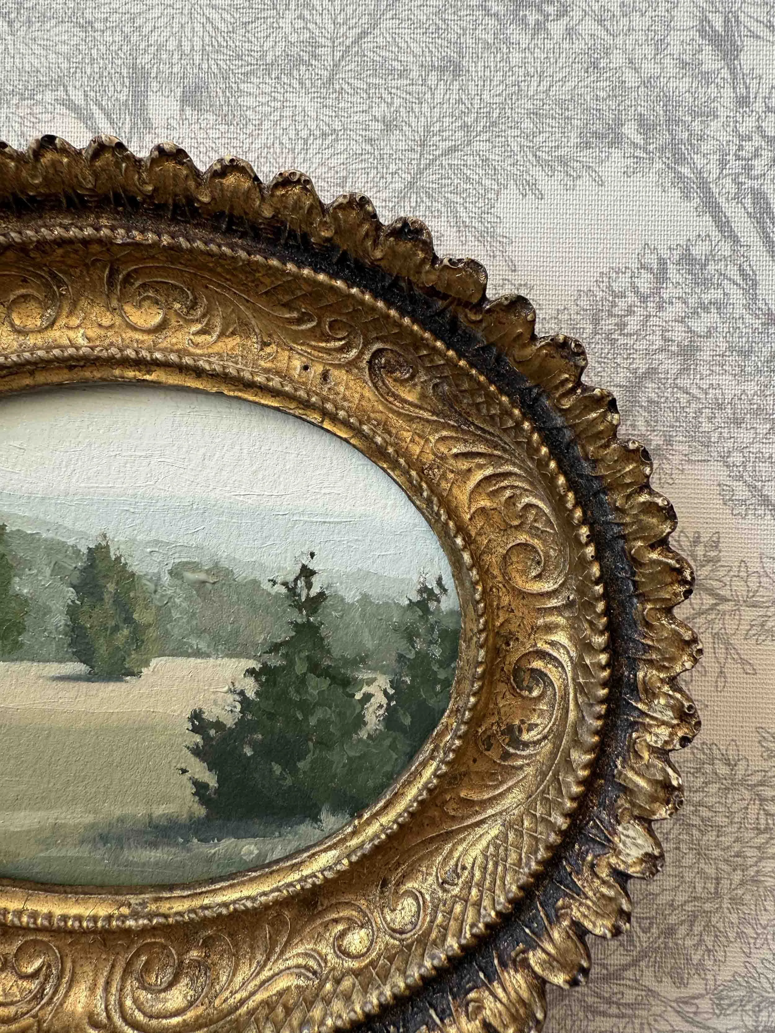 "Breath of Fresh Air iii" original oil landscape painting in vintage Florentine frame, $475